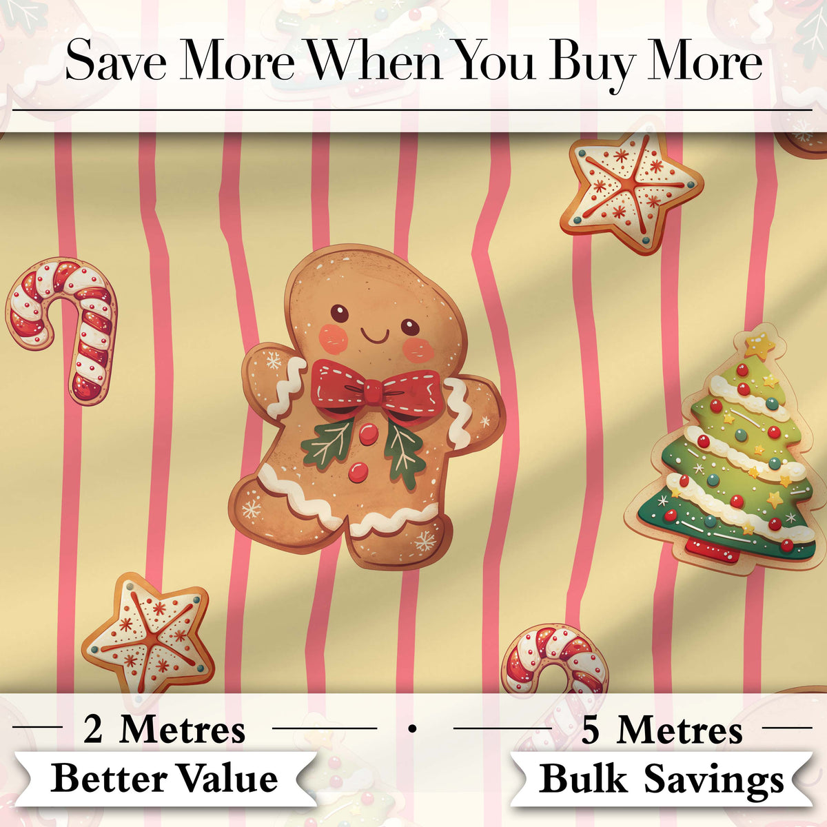 Gingerbread Man Cookies Candy Cane on Cream Beige Stripe Background Seamless Digital Print Fabric by the Metre UK Sewing Quilting Textile