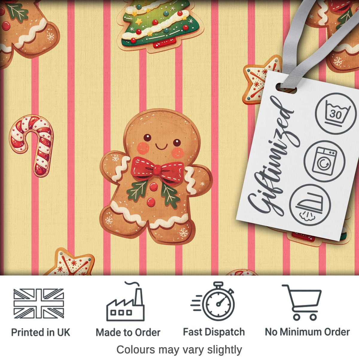 Gingerbread Man Cookies Candy Cane on Cream Beige Stripe Background Seamless Digital Print Fabric by the Metre UK Sewing Quilting Textile
