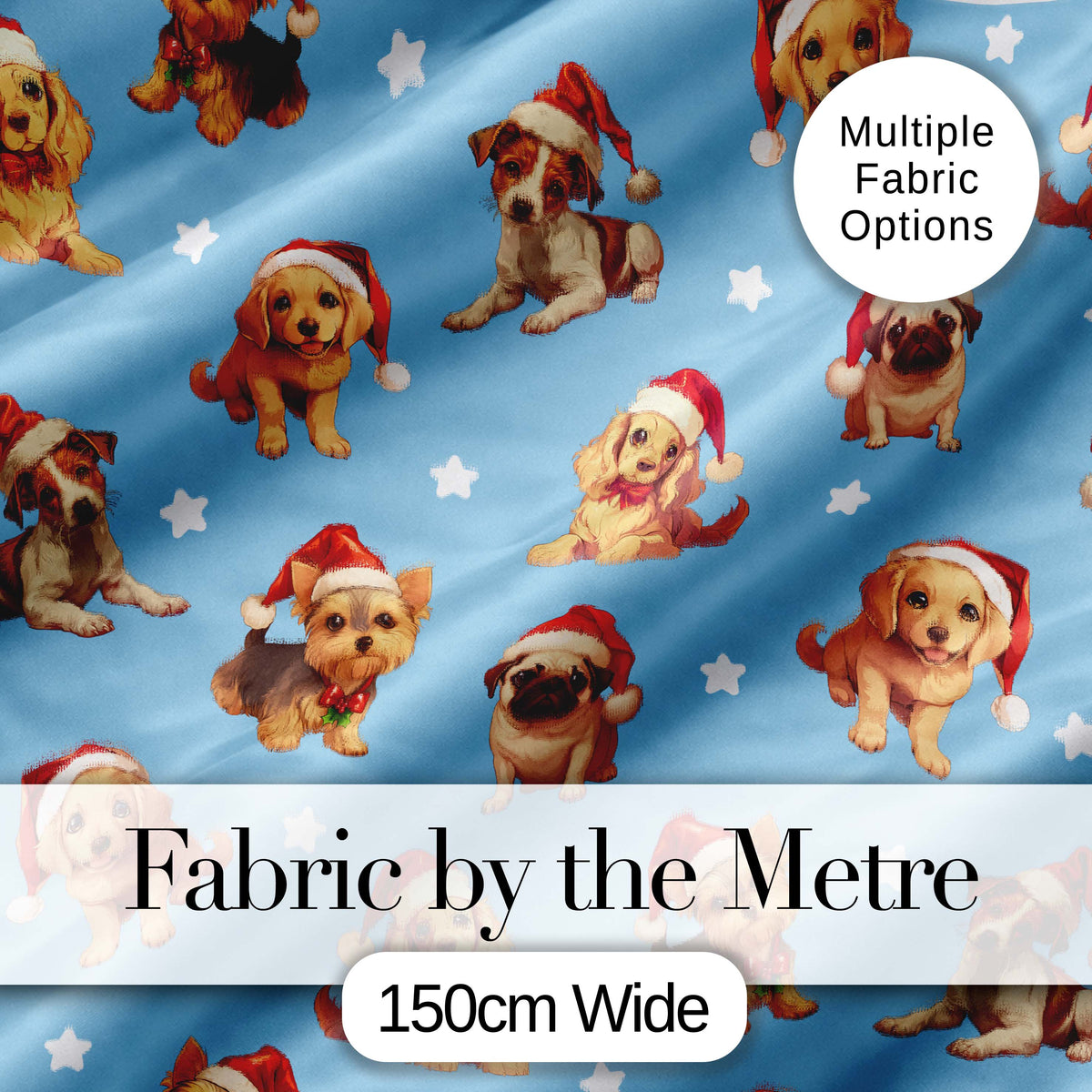 Cute Christmas Puppies Santa Hat on Sky Blue Star Background Seamless Pattern Digital Print Fabric by the Metre UK Sewing Quilting Textile