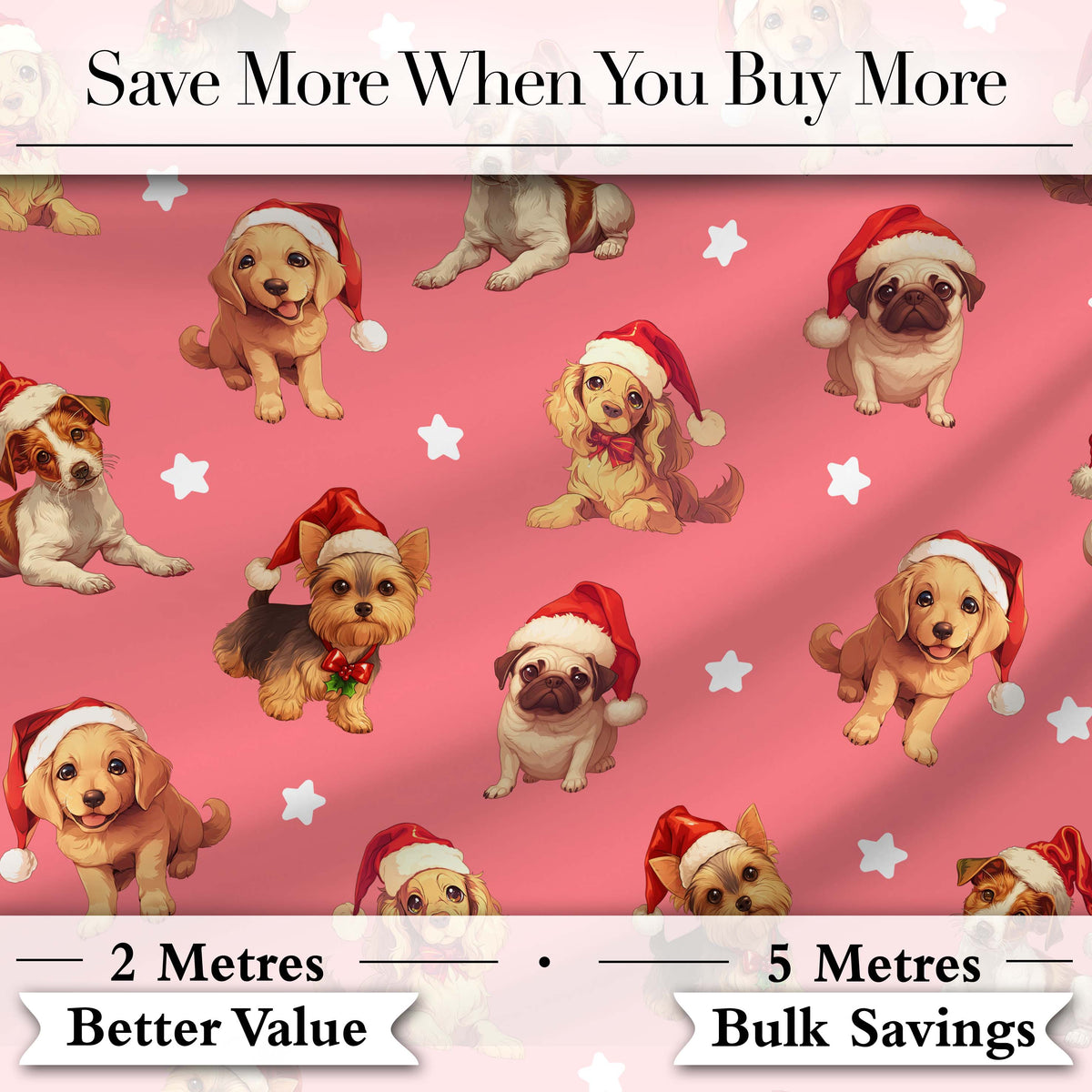 Cute Christmas Puppies Santa Hat on Warm Coral Pink Background Seamless Pattern Digital Print Fabric by the Metre UK Sewing Quilting Textile
