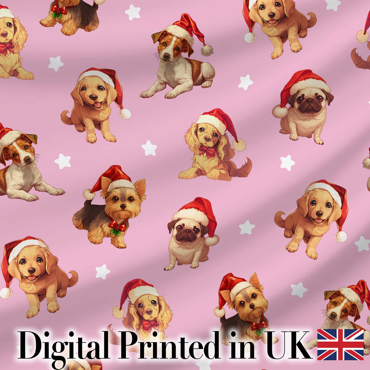 Cute Christmas Puppies Santa Hat on Dusty Pink Background Seamless Pattern Digital Print Fabric by the Metre UK Sewing Quilting Textile