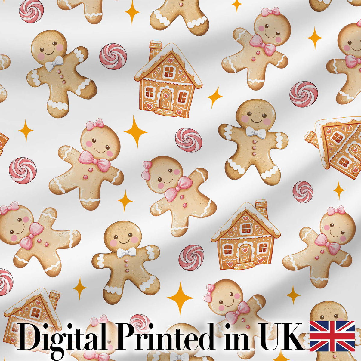 Cute Gingerbread Cookies Candy House on Light Grey Background Seamless Pattern Digital Print Fabric by the Metre UK Sewing Quilting Textile