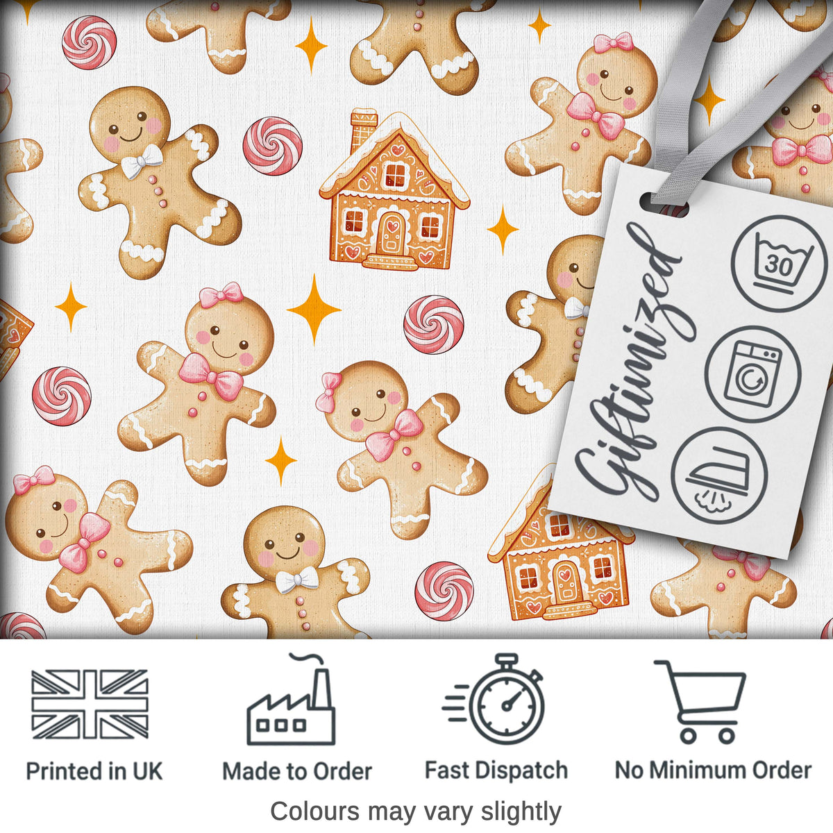 Cute Gingerbread Cookies Candy House on Light Grey Background Seamless Pattern Digital Print Fabric by the Metre UK Sewing Quilting Textile