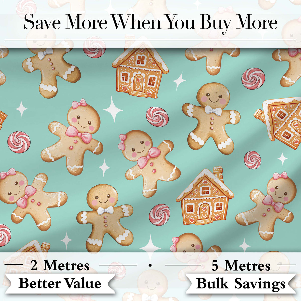 Cute Gingerbread Cookies Candy House on Mint Green Background Seamless Pattern Digital Print Fabric by the Metre UK Sewing Quilting Textile