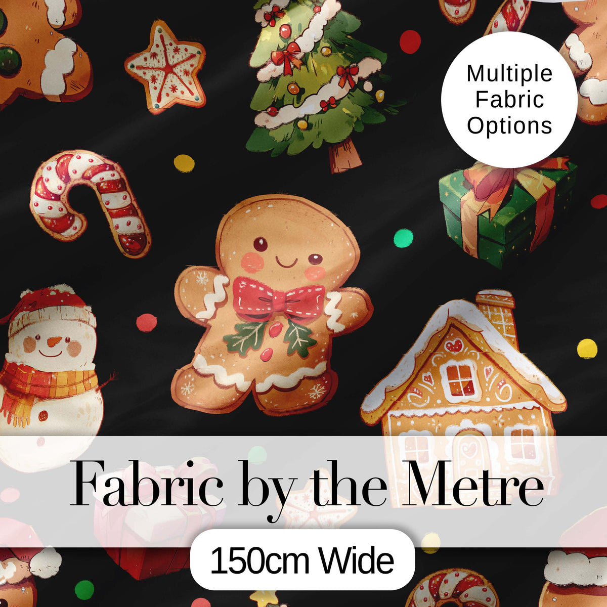 Christmas Gingerbread Man Tree Gift Snowman on Black Background Seamless Digital Print Fabric by the Metre UK Sewing Quilting Textile