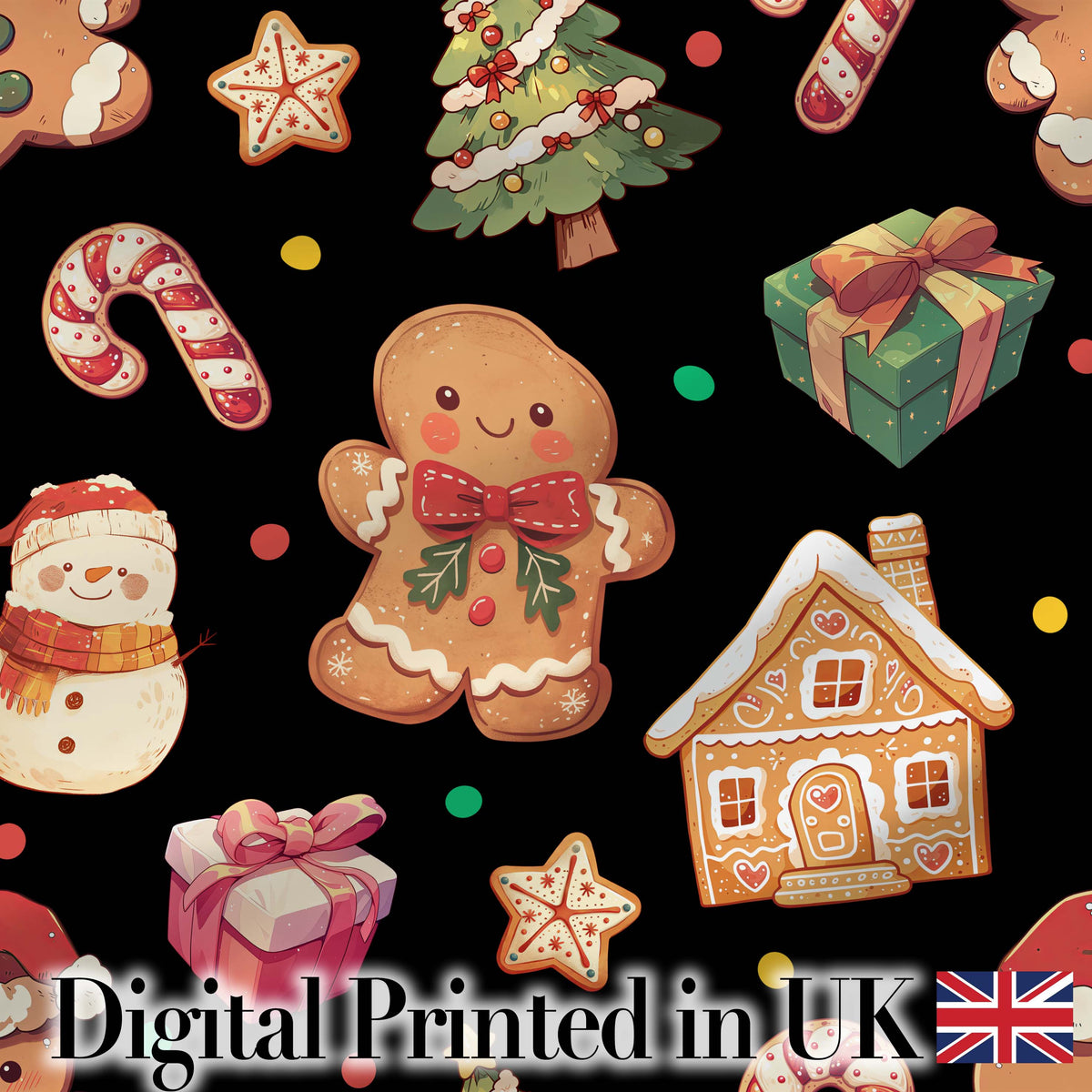 Christmas Gingerbread Man Tree Gift Snowman on Black Background Seamless Digital Print Fabric by the Metre UK Sewing Quilting Textile