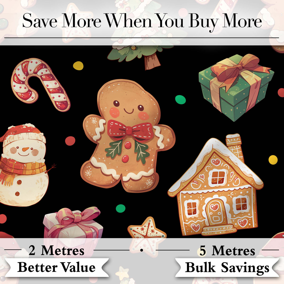 Christmas Gingerbread Man Tree Gift Snowman on Black Background Seamless Digital Print Fabric by the Metre UK Sewing Quilting Textile