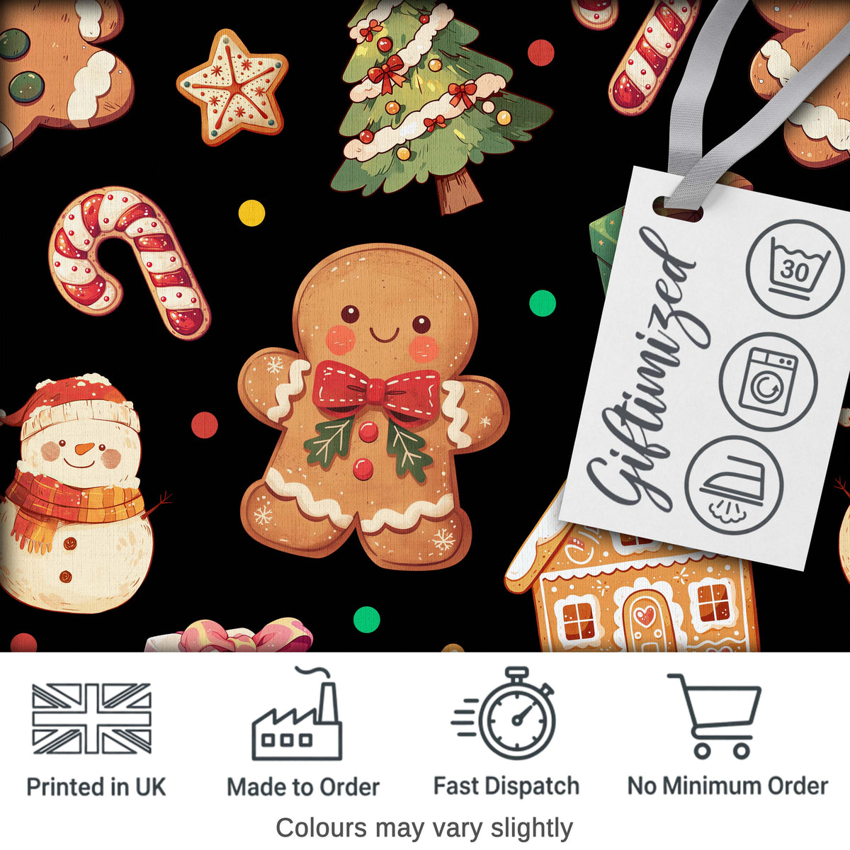 Christmas Gingerbread Man Tree Gift Snowman on Black Background Seamless Digital Print Fabric by the Metre UK Sewing Quilting Textile