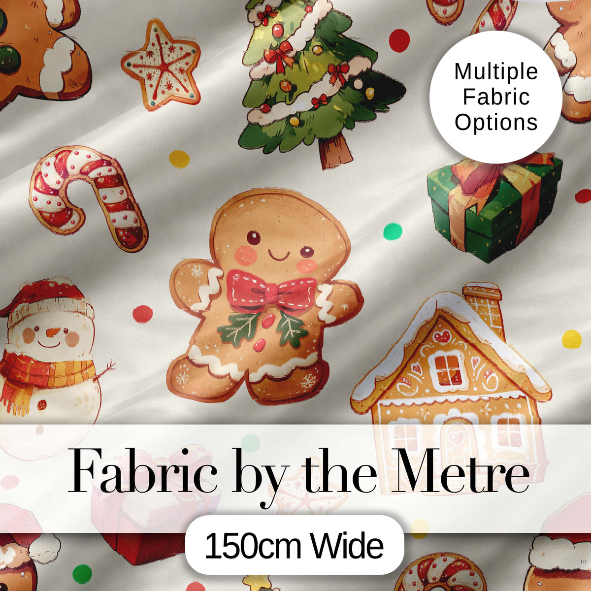 Cute Christmas Gingerbread Man Tree Gift Snowman on Cream Background Seamless Digital Print Fabric by the Metre UK Sewing Quilting Textile