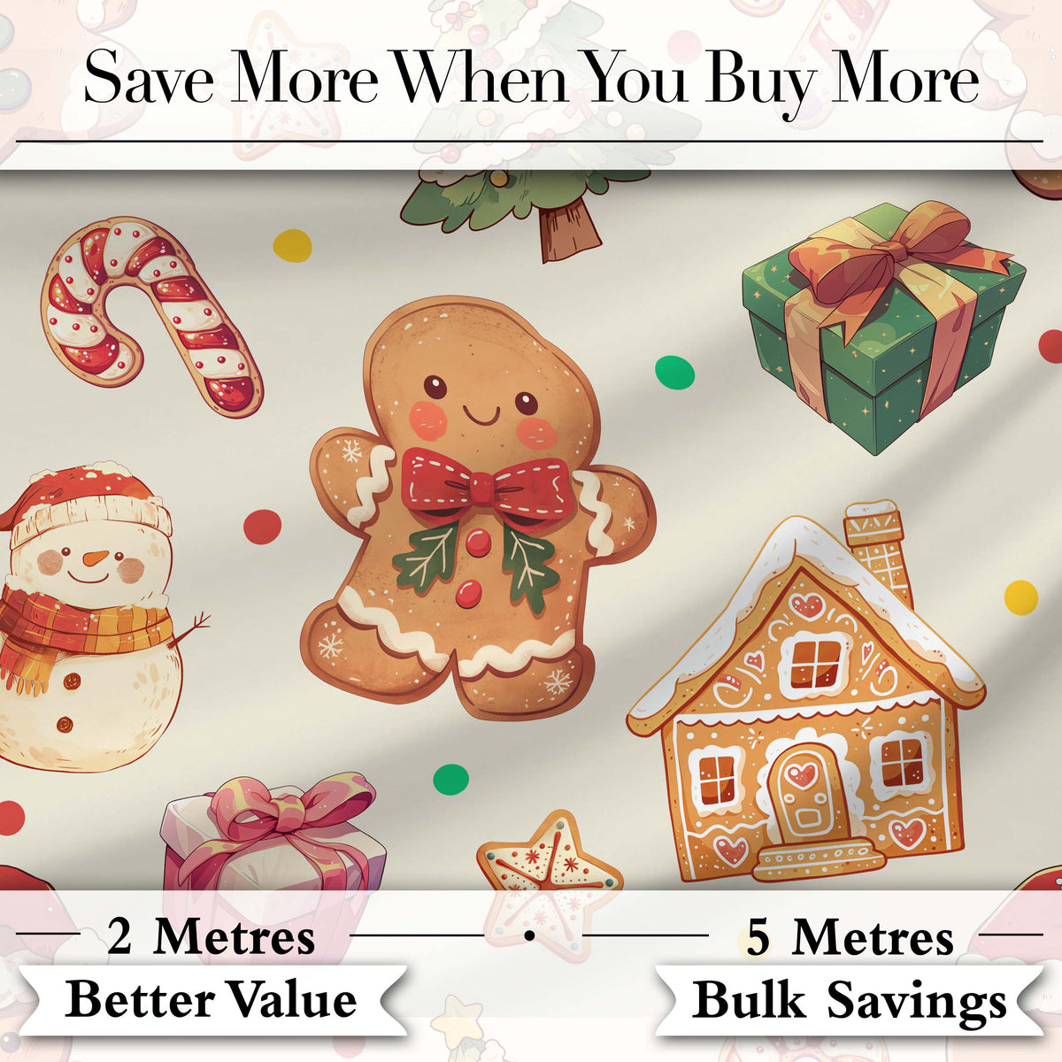 Cute Christmas Gingerbread Man Tree Gift Snowman on Cream Background Seamless Digital Print Fabric by the Metre UK Sewing Quilting Textile