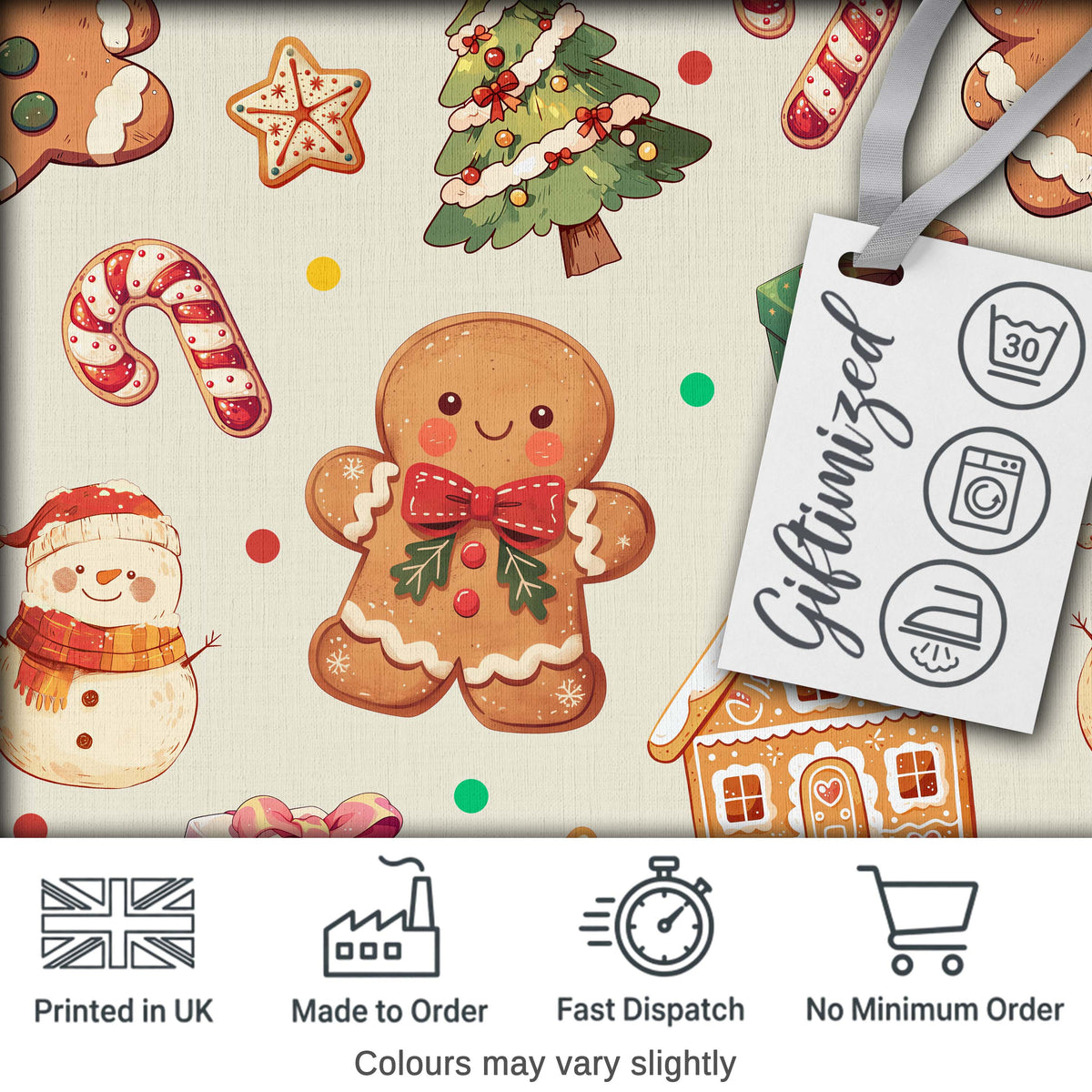 Cute Christmas Gingerbread Man Tree Gift Snowman on Cream Background Seamless Digital Print Fabric by the Metre UK Sewing Quilting Textile