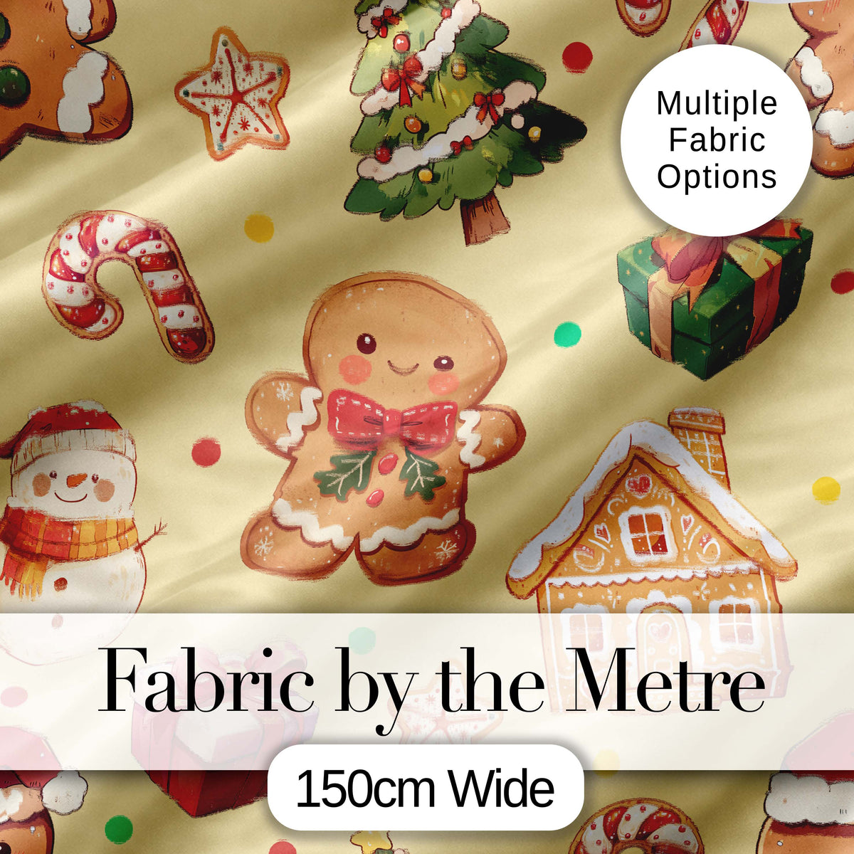 Christmas Gingerbread Man Tree Gift Snowman on Soft Yellow Background Seamless Digital Print Fabric by the Metre UK Sewing Quilting Textile