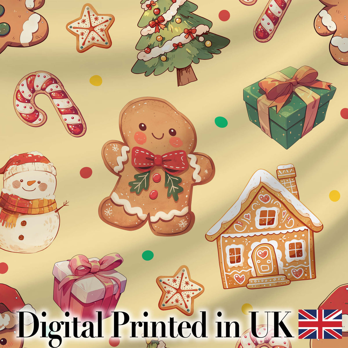 Christmas Gingerbread Man Tree Gift Snowman on Soft Yellow Background Seamless Digital Print Fabric by the Metre UK Sewing Quilting Textile