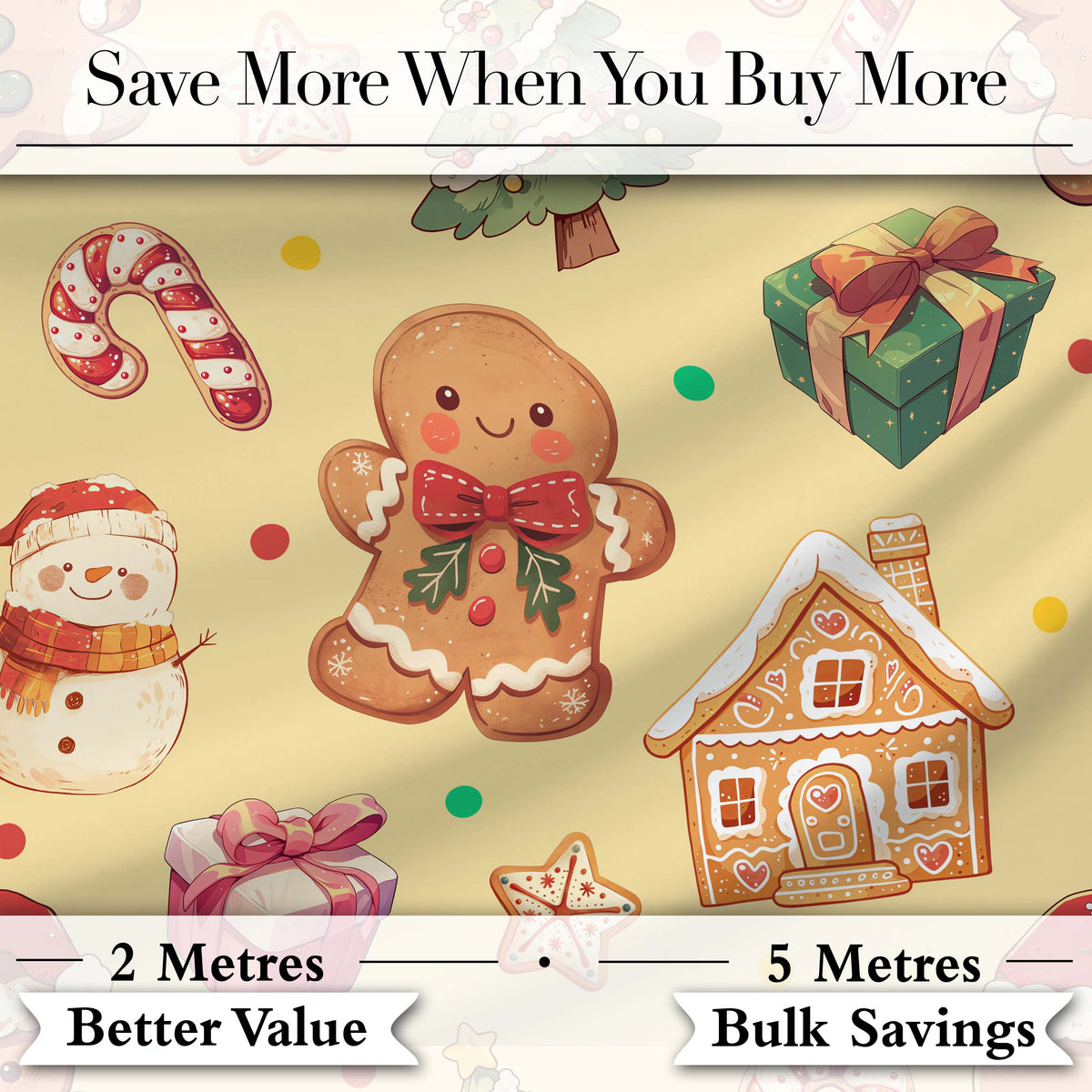 Christmas Gingerbread Man Tree Gift Snowman on Soft Yellow Background Seamless Digital Print Fabric by the Metre UK Sewing Quilting Textile