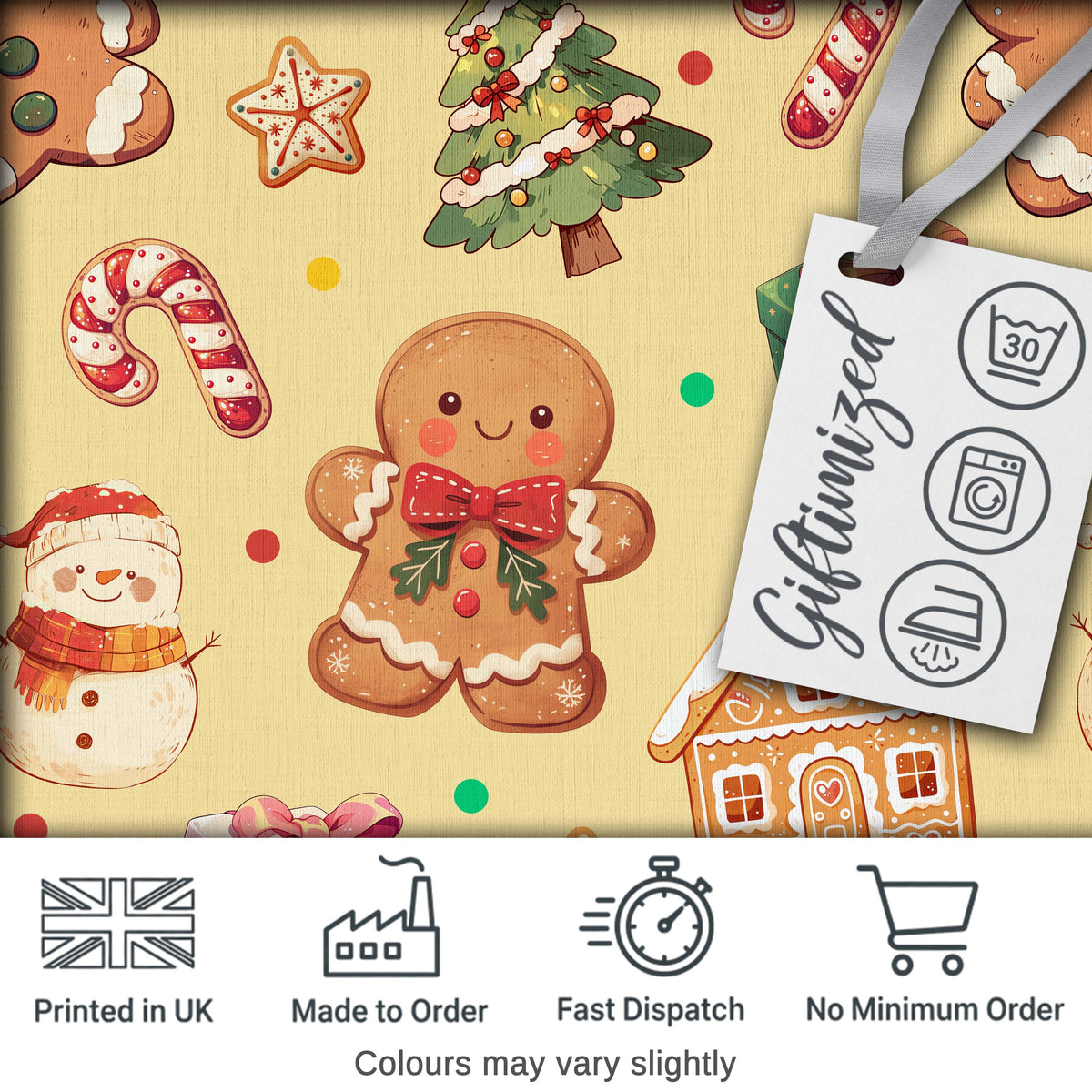 Christmas Gingerbread Man Tree Gift Snowman on Soft Yellow Background Seamless Digital Print Fabric by the Metre UK Sewing Quilting Textile