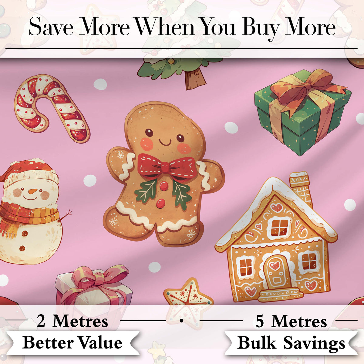 Christmas Gingerbread Man Tree Gift Snowman on Pink Background Seamless Digital Print Fabric by the Metre UK Sewing Quilting Textile