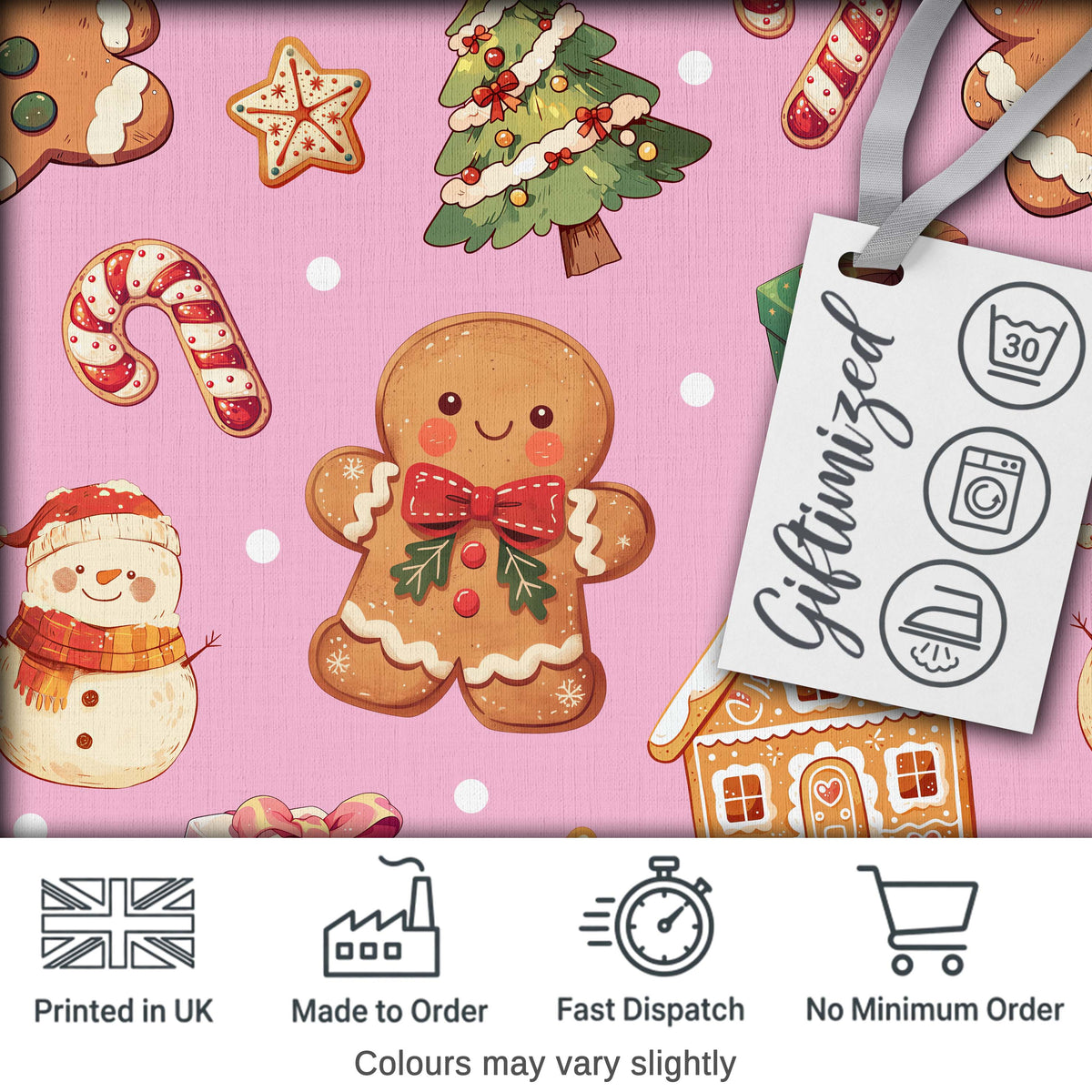 Christmas Gingerbread Man Tree Gift Snowman on Pink Background Seamless Digital Print Fabric by the Metre UK Sewing Quilting Textile