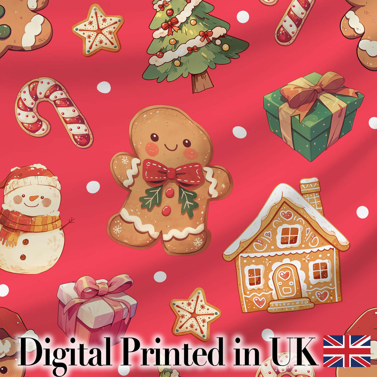 Christmas Gingerbread Man Tree Gift Snowman on Red Background Seamless Digital Print Fabric by the Metre UK Sewing Quilting Textile