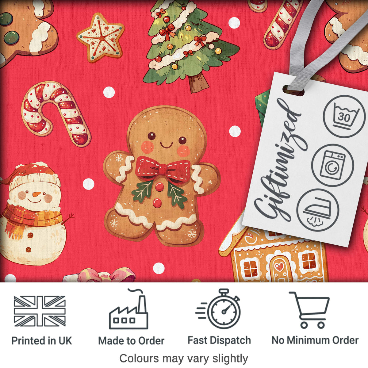 Christmas Gingerbread Man Tree Gift Snowman on Red Background Seamless Digital Print Fabric by the Metre UK Sewing Quilting Textile