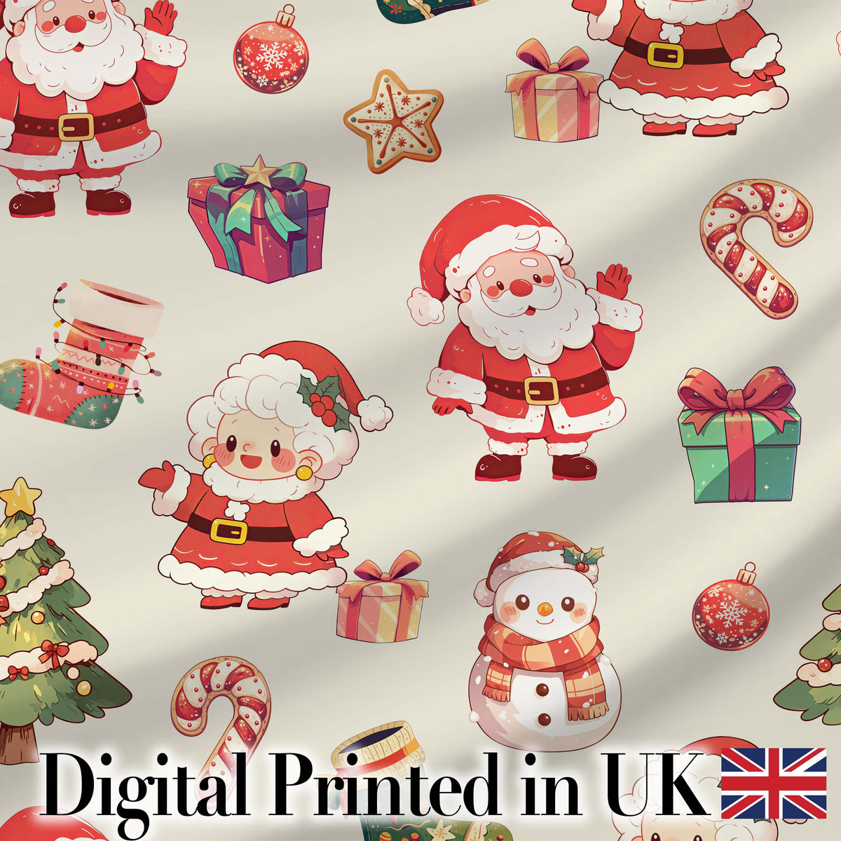Cute Santa Claus Mrs Claus Snowman Gift Candy Festive Seamless Pattern Digital Print Fabric by the Metre UK Sewing Quilting Textile