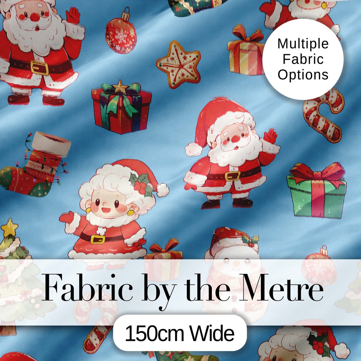 Cute Santa Claus Mrs Claus Snowman Gift Candy on Blue Background Seamless Digital Print Fabric by the Metre UK Sewing Quilting Textile