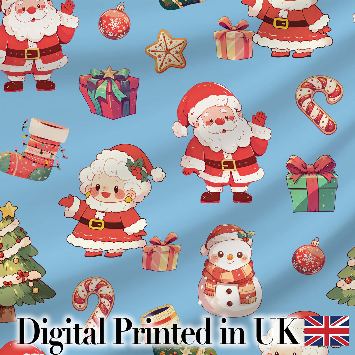 Cute Santa Claus Mrs Claus Snowman Gift Candy on Blue Background Seamless Digital Print Fabric by the Metre UK Sewing Quilting Textile