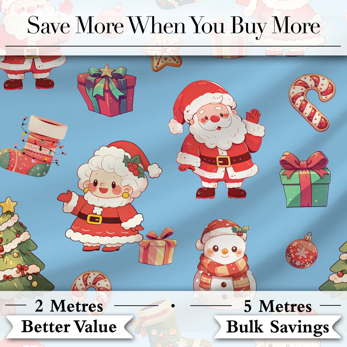 Cute Santa Claus Mrs Claus Snowman Gift Candy on Blue Background Seamless Digital Print Fabric by the Metre UK Sewing Quilting Textile