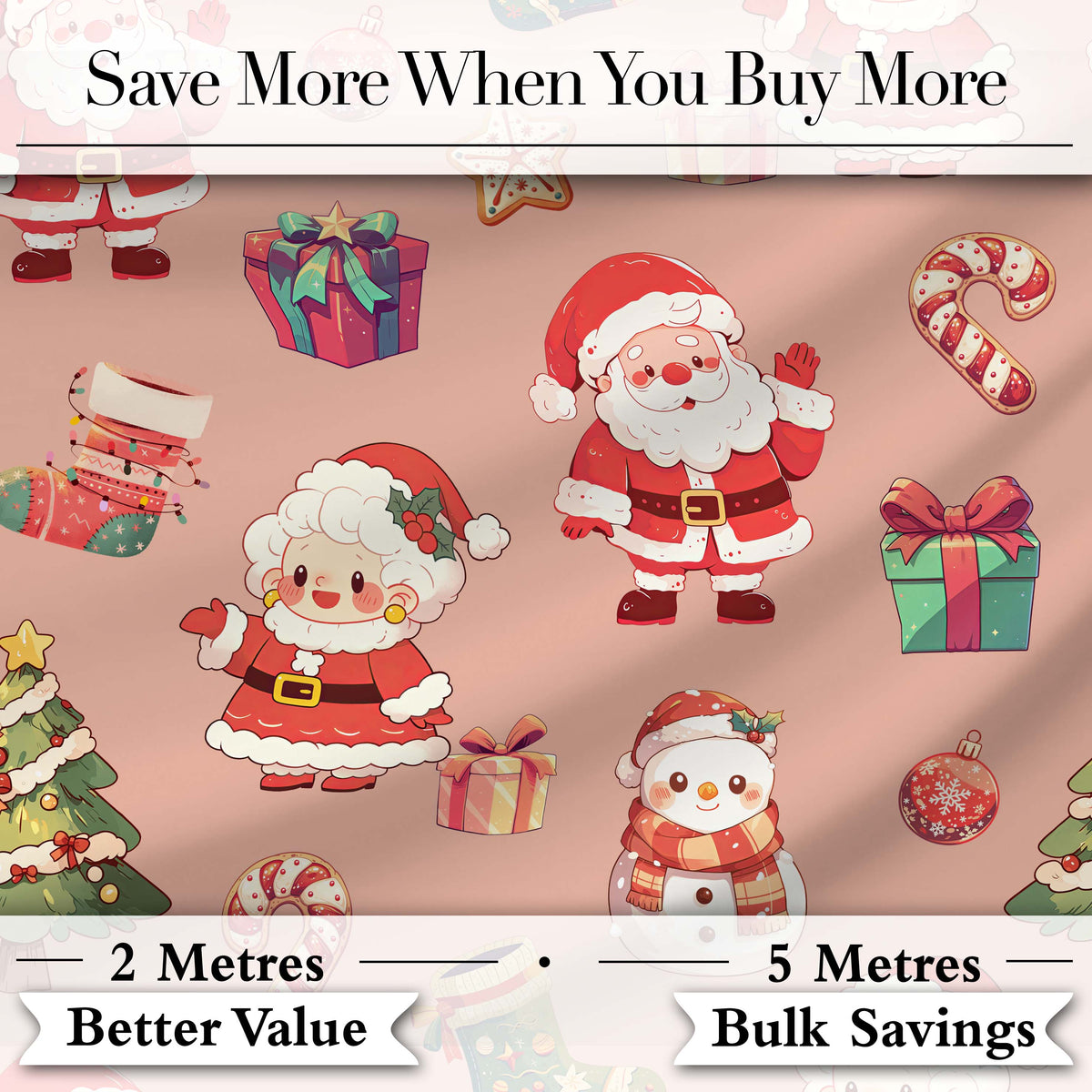 Cute Santa Claus Mrs Claus Snowman Gift Candy on Peach Background Seamless Digital Print Fabric by the Metre UK Sewing Quilting Textile