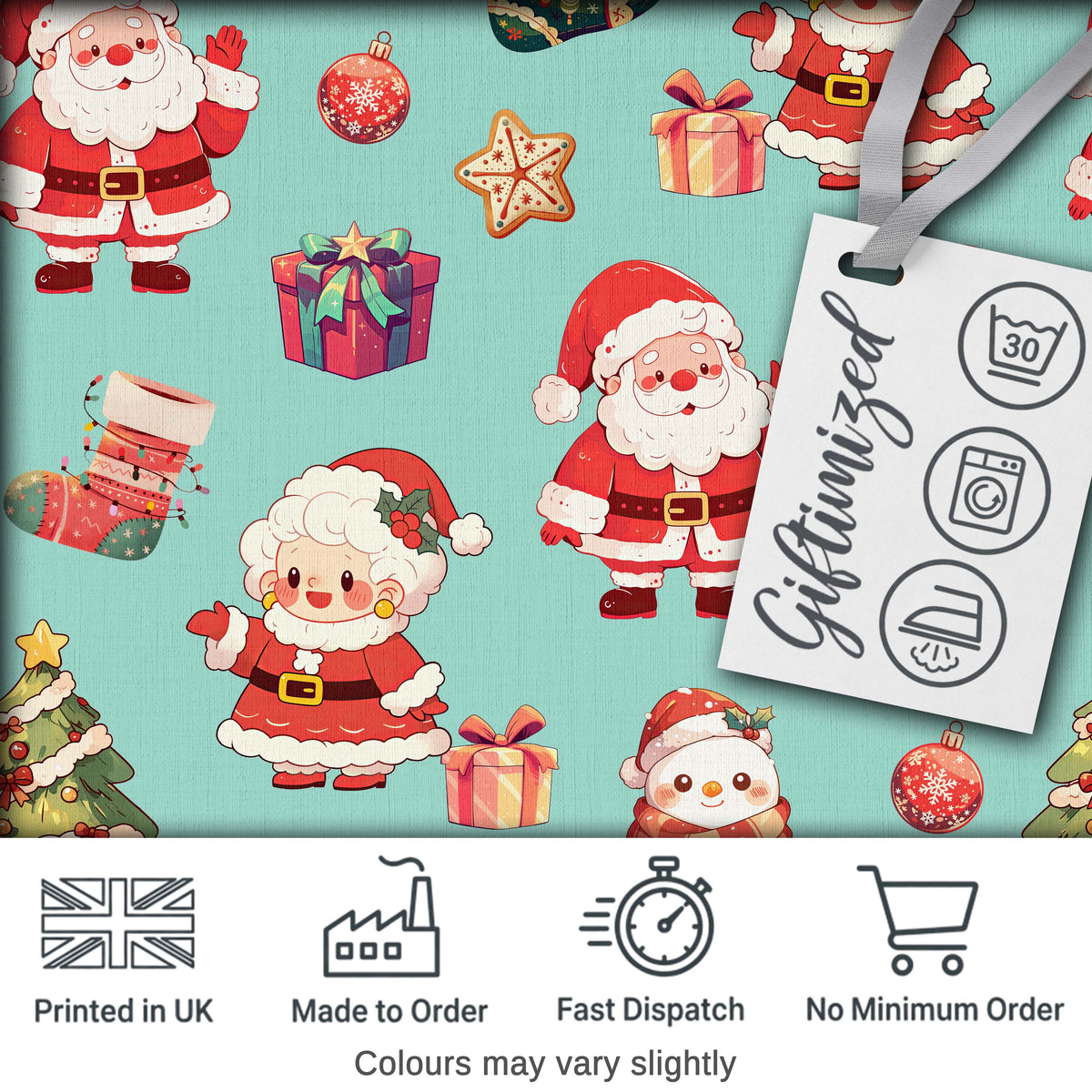 Cute Santa Claus Mrs Claus Snowman Gift Candy on Mint Background Seamless Digital Print Fabric by the Metre UK Sewing Quilting Textile