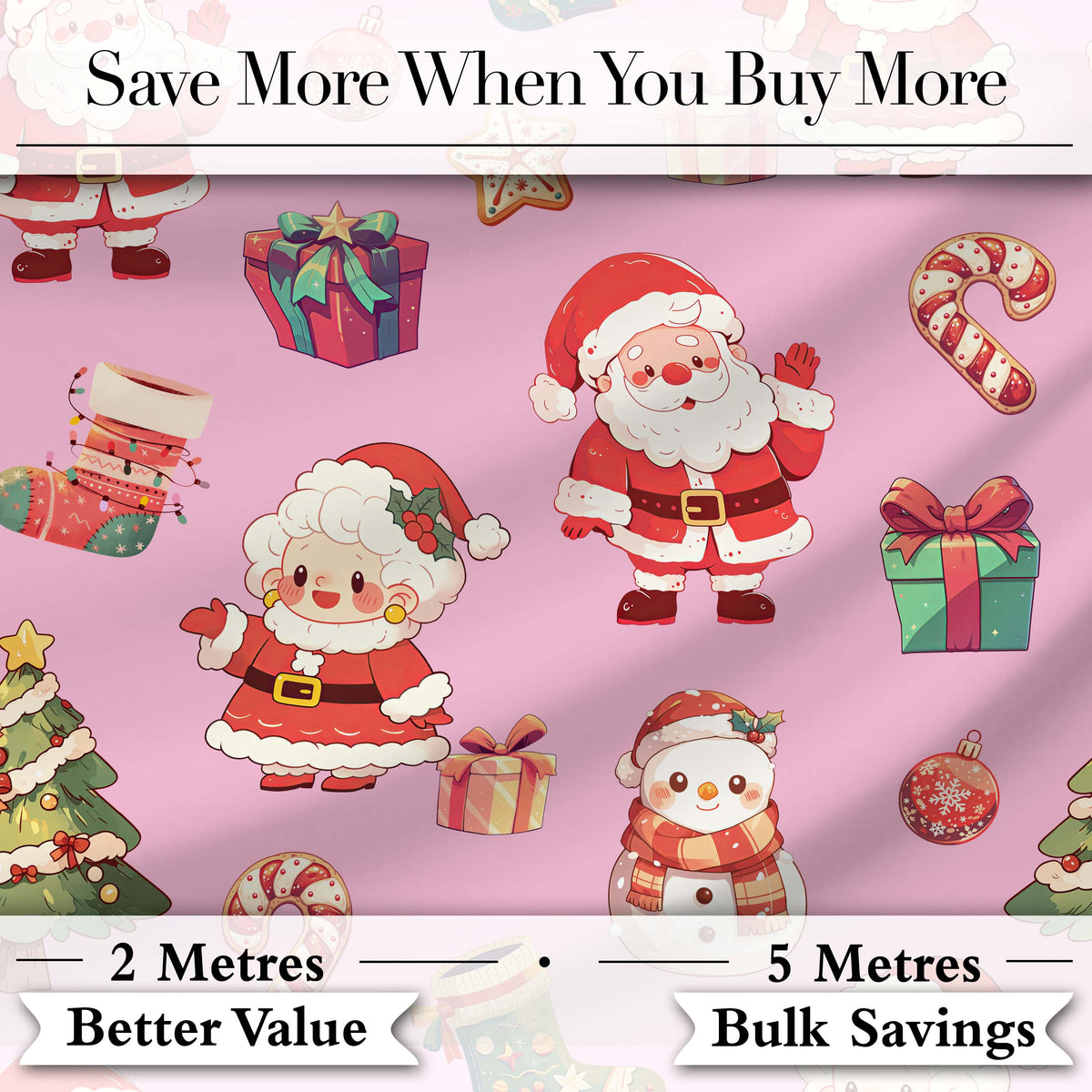 Cute Santa Claus Mrs Claus Snowman Gift Candy on Pink Background Seamless Digital Print Fabric by the Metre UK Sewing Quilting Textile