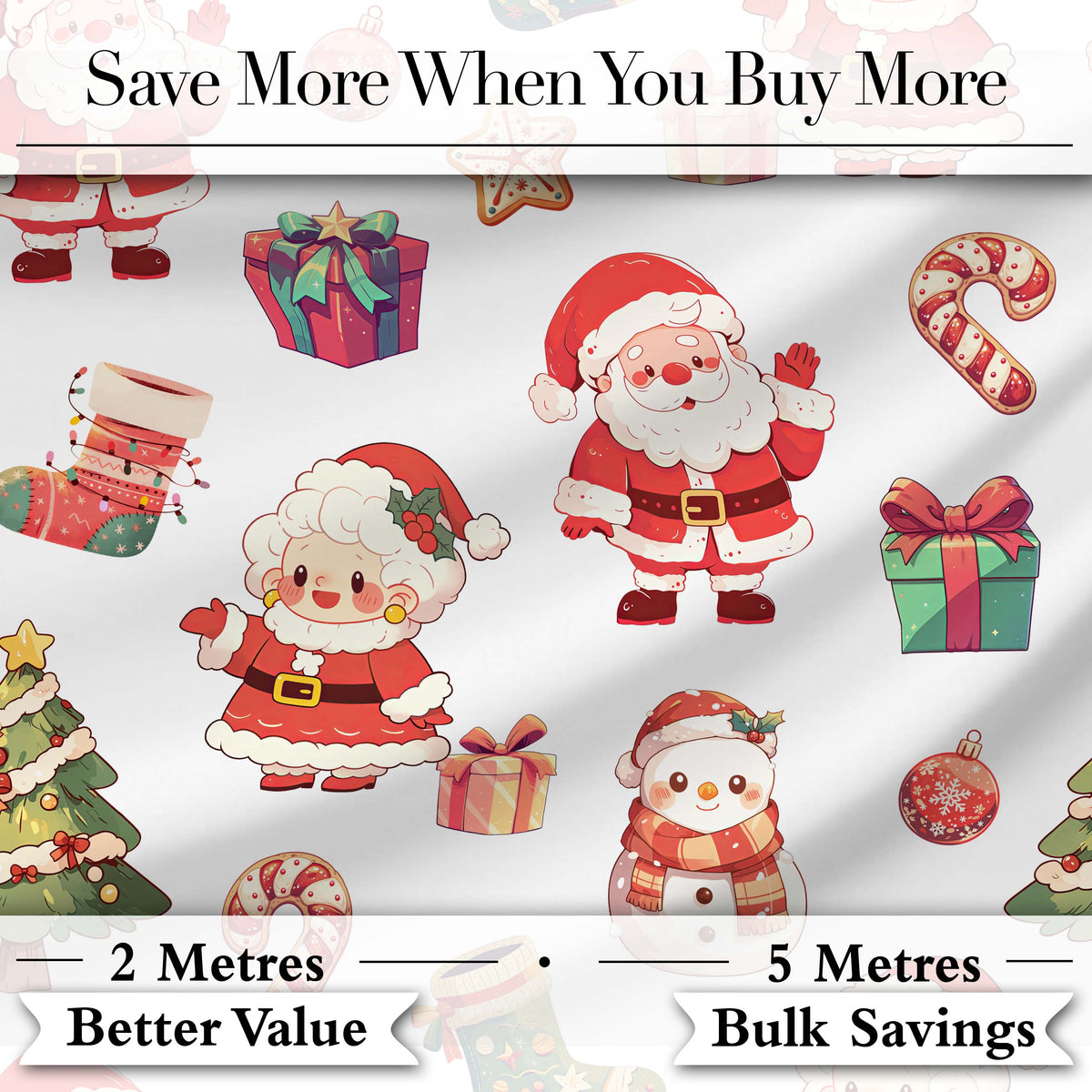Cute Santa Claus Mrs Claus Snowman Gift Candy on Light Grey Background Seamless Digital Print Fabric by the Metre UK Sewing Quilting Textile