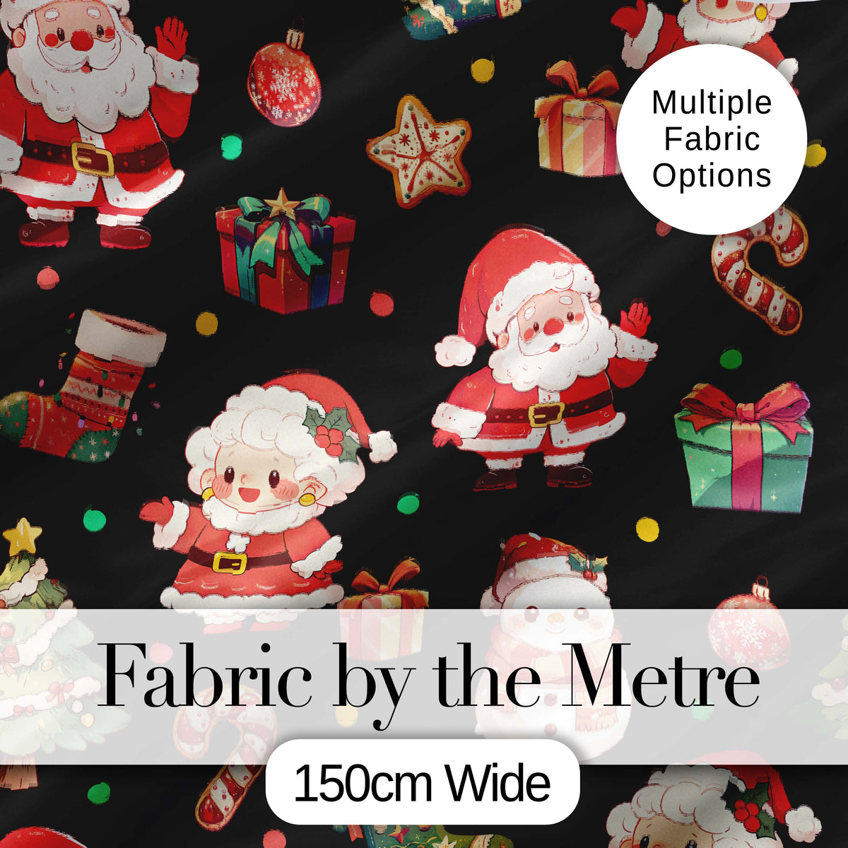 Cute Santa Claus Mrs Claus Snowman Gift Candy on Black Background Seamless Digital Print Fabric by the Metre UK Sewing Quilting Textile