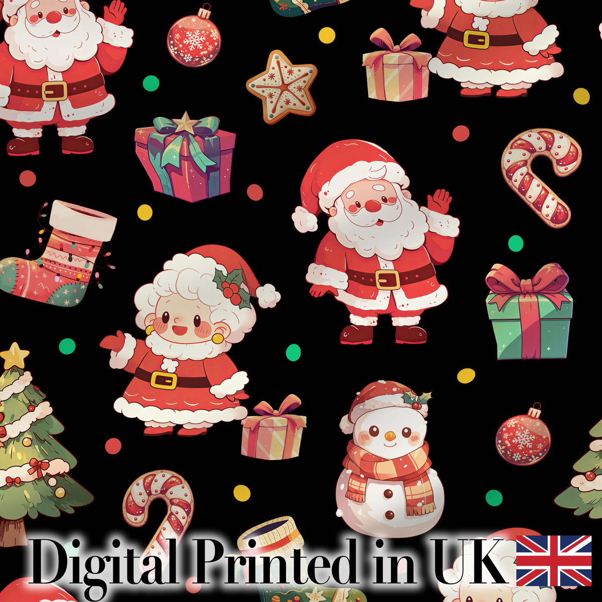 Cute Santa Claus Mrs Claus Snowman Gift Candy on Black Background Seamless Digital Print Fabric by the Metre UK Sewing Quilting Textile