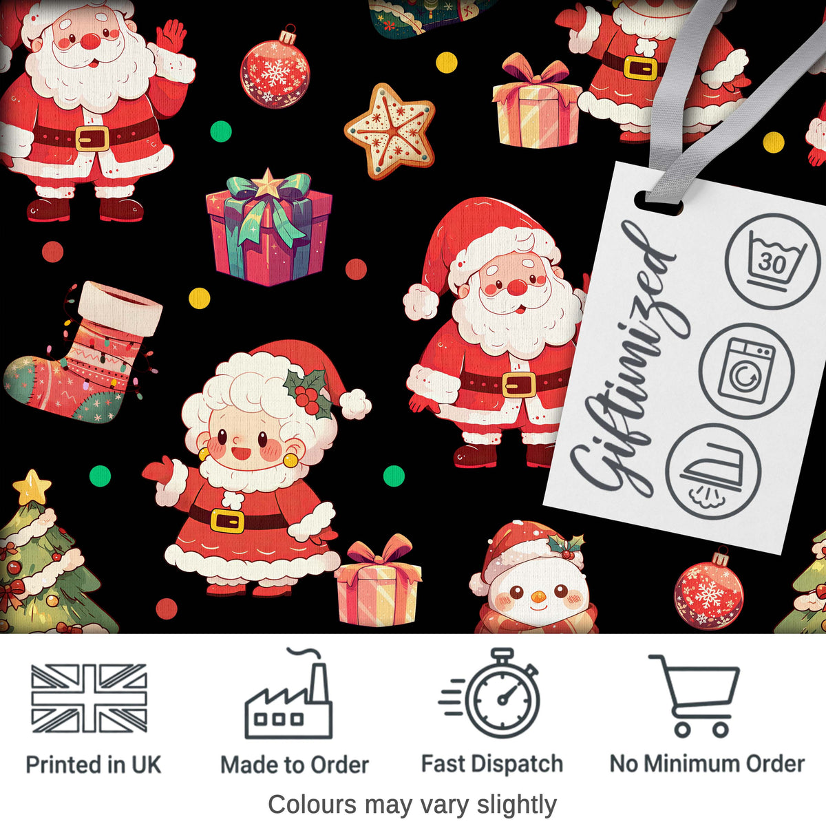 Cute Santa Claus Mrs Claus Snowman Gift Candy on Black Background Seamless Digital Print Fabric by the Metre UK Sewing Quilting Textile