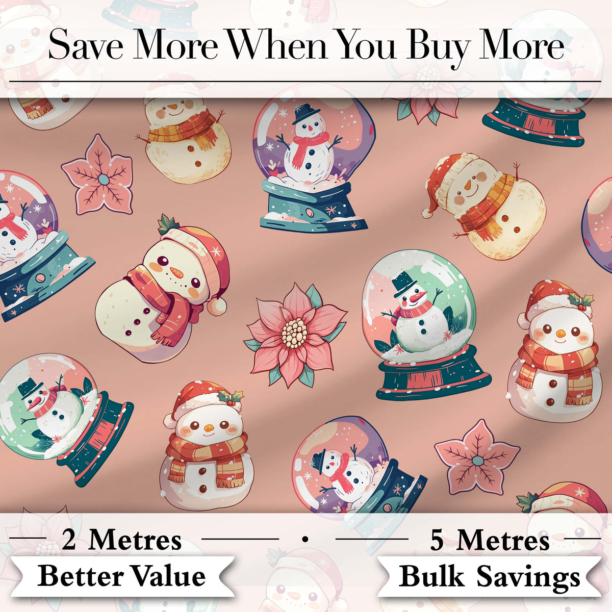 Snowman Snow Globe Poinsettia Winter Christmas on Peach Background Seamless Digital Print Fabric by the Metre UK Sewing Quilting Textile