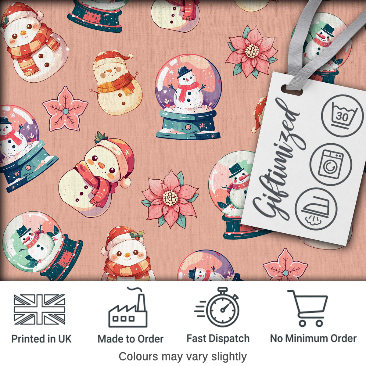 Snowman Snow Globe Poinsettia Winter Christmas on Peach Background Seamless Digital Print Fabric by the Metre UK Sewing Quilting Textile