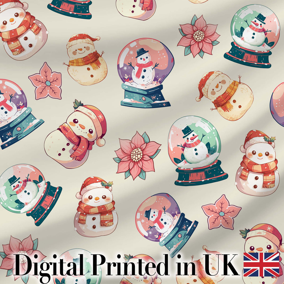 Snowman Snow Globe Poinsettia Winter Christmas on Cream Background Seamless Digital Print Fabric by the Metre UK Sewing Quilting Textile