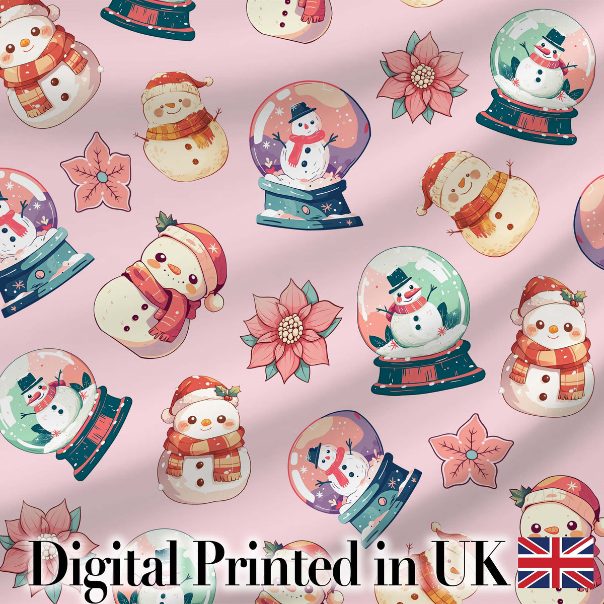 Snowman Snow Globe Poinsettia Christmas on Soft Pink Background Seamless Digital Print Fabric by the Metre UK Sewing Quilting Textile