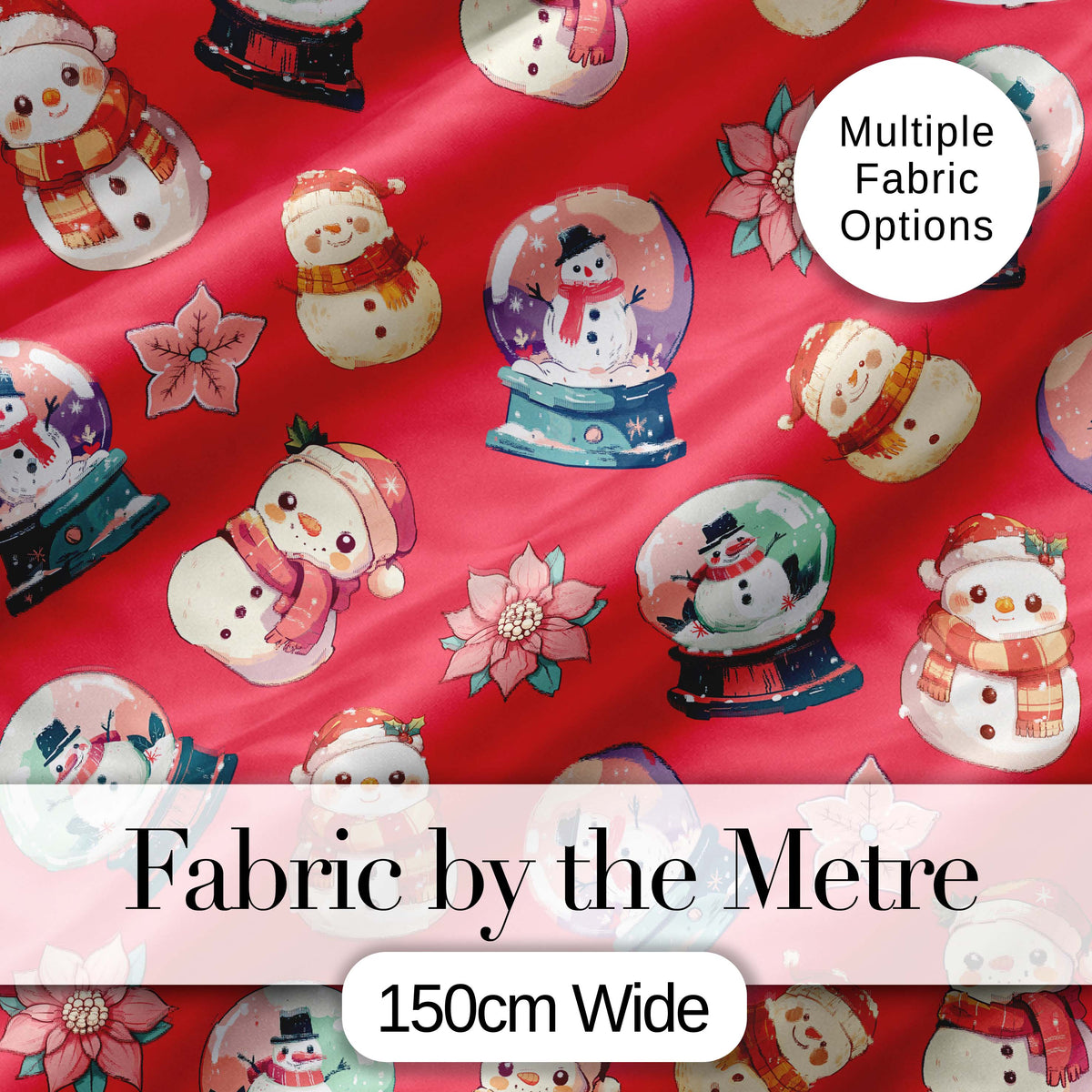 Cute Snowman Snow Globe Poinsettia Winter Christmas on Red Background Seamless Digital Print Fabric by the Metre UK Sewing Quilting Textile