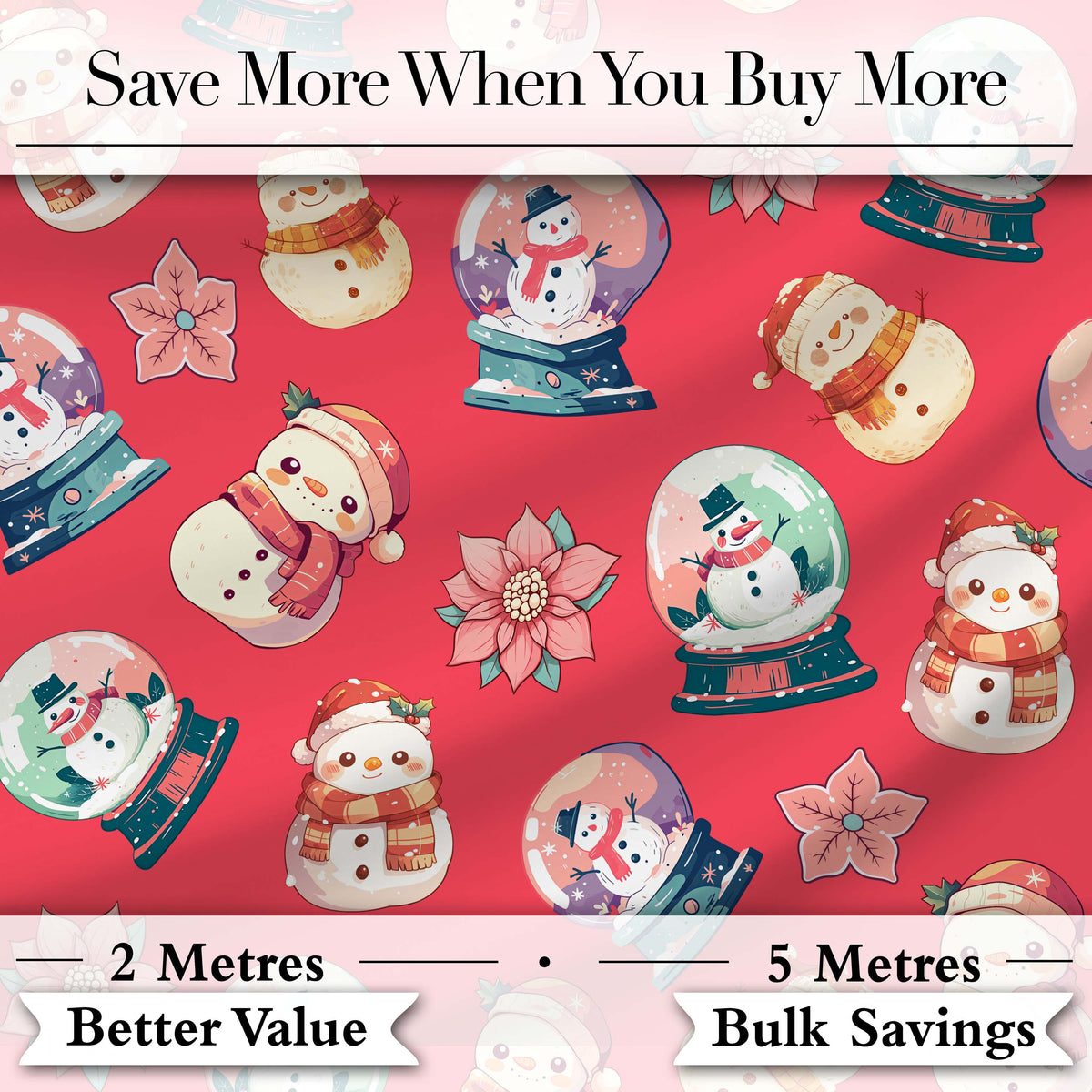Cute Snowman Snow Globe Poinsettia Winter Christmas on Red Background Seamless Digital Print Fabric by the Metre UK Sewing Quilting Textile