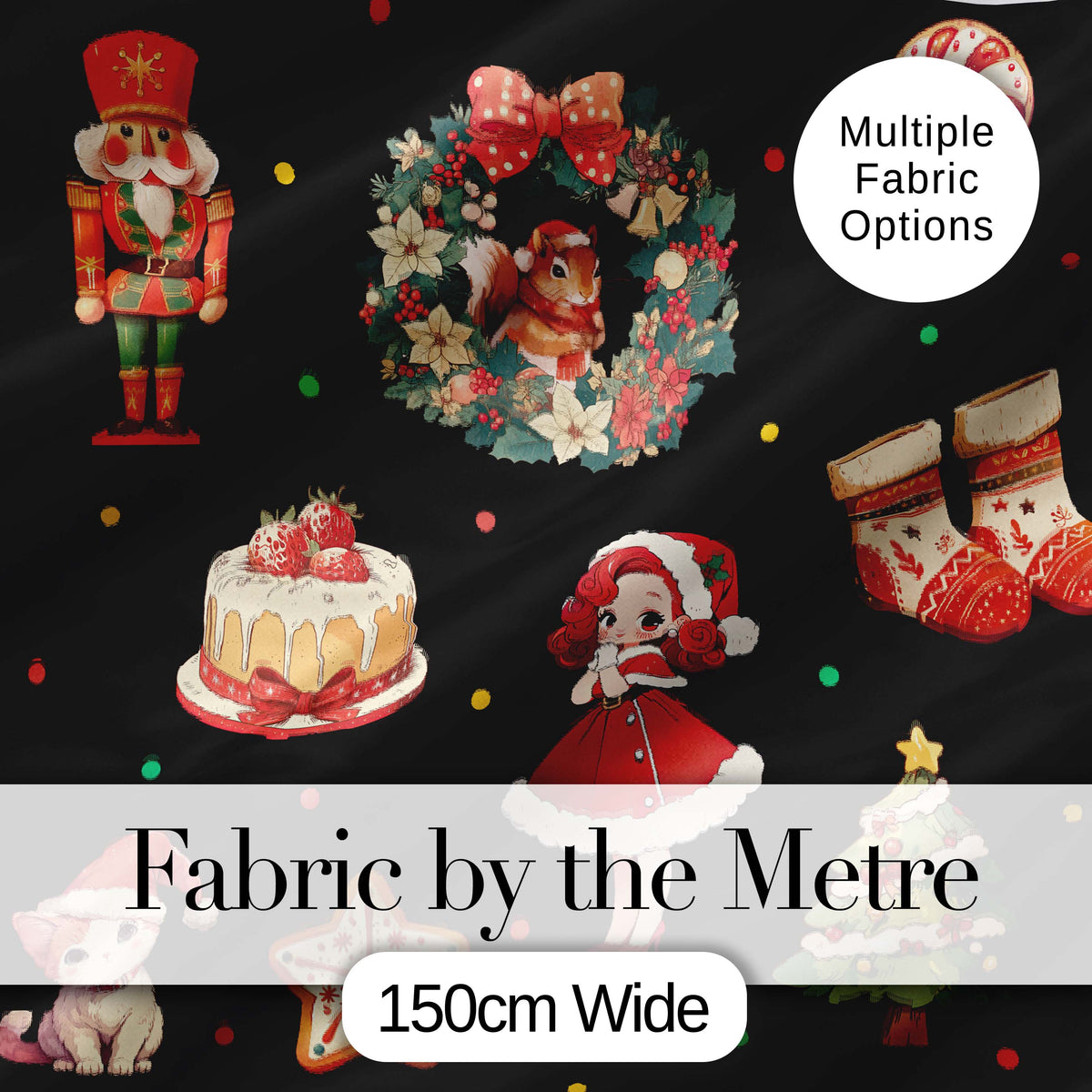 Cute Nutcracker Wreath Cake Girl Christmas Tree on Black Background Seamless Digital Print Fabric by the Metre UK Sewing Quilting Textile