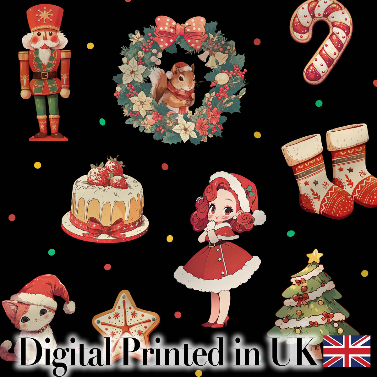 Cute Nutcracker Wreath Cake Girl Christmas Tree on Black Background Seamless Digital Print Fabric by the Metre UK Sewing Quilting Textile