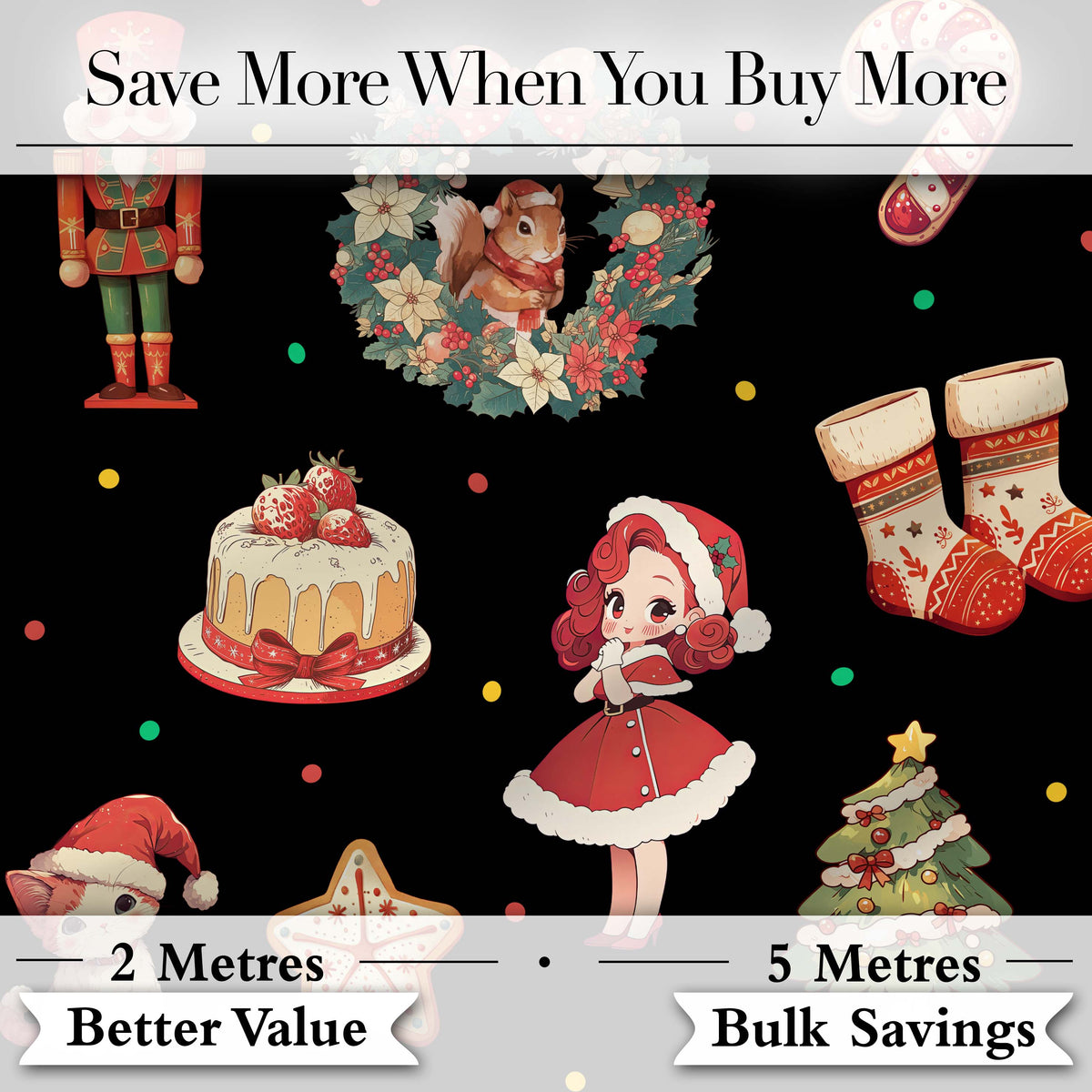 Cute Nutcracker Wreath Cake Girl Christmas Tree on Black Background Seamless Digital Print Fabric by the Metre UK Sewing Quilting Textile