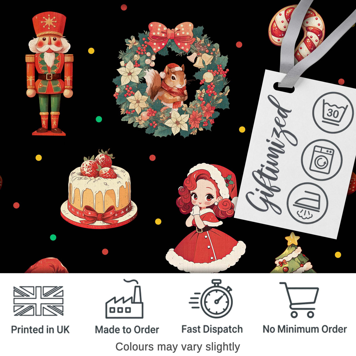 Cute Nutcracker Wreath Cake Girl Christmas Tree on Black Background Seamless Digital Print Fabric by the Metre UK Sewing Quilting Textile