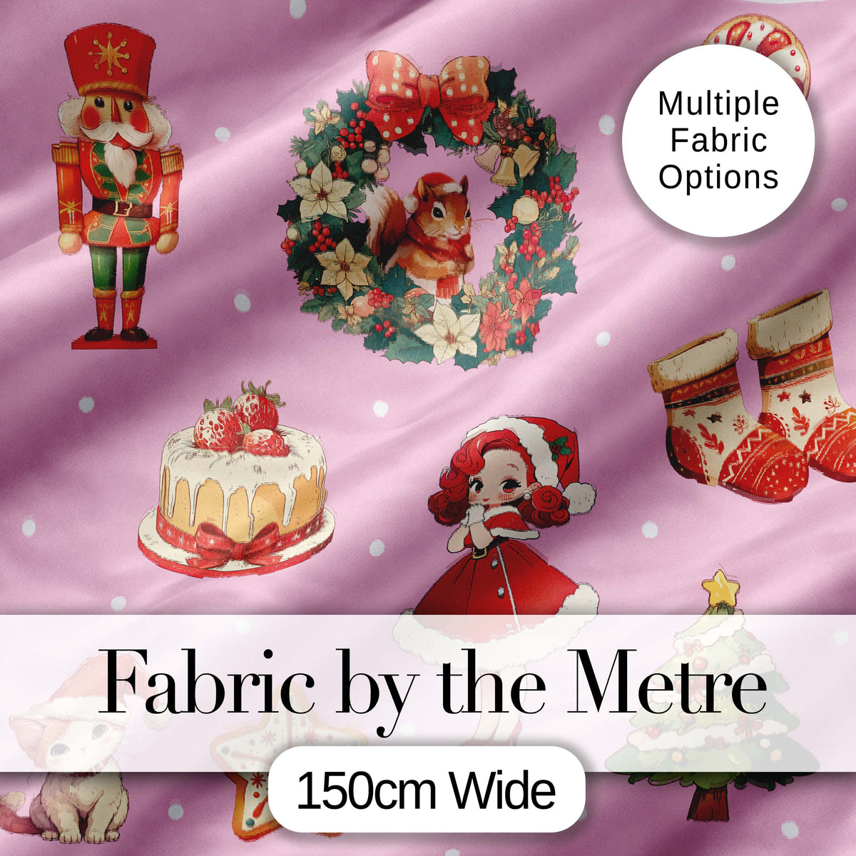 Nutcracker Wreath Cake Girl on Pink Background with Polka Dots Seamless Digital Print Fabric by the Metre UK Sewing Quilting Textile