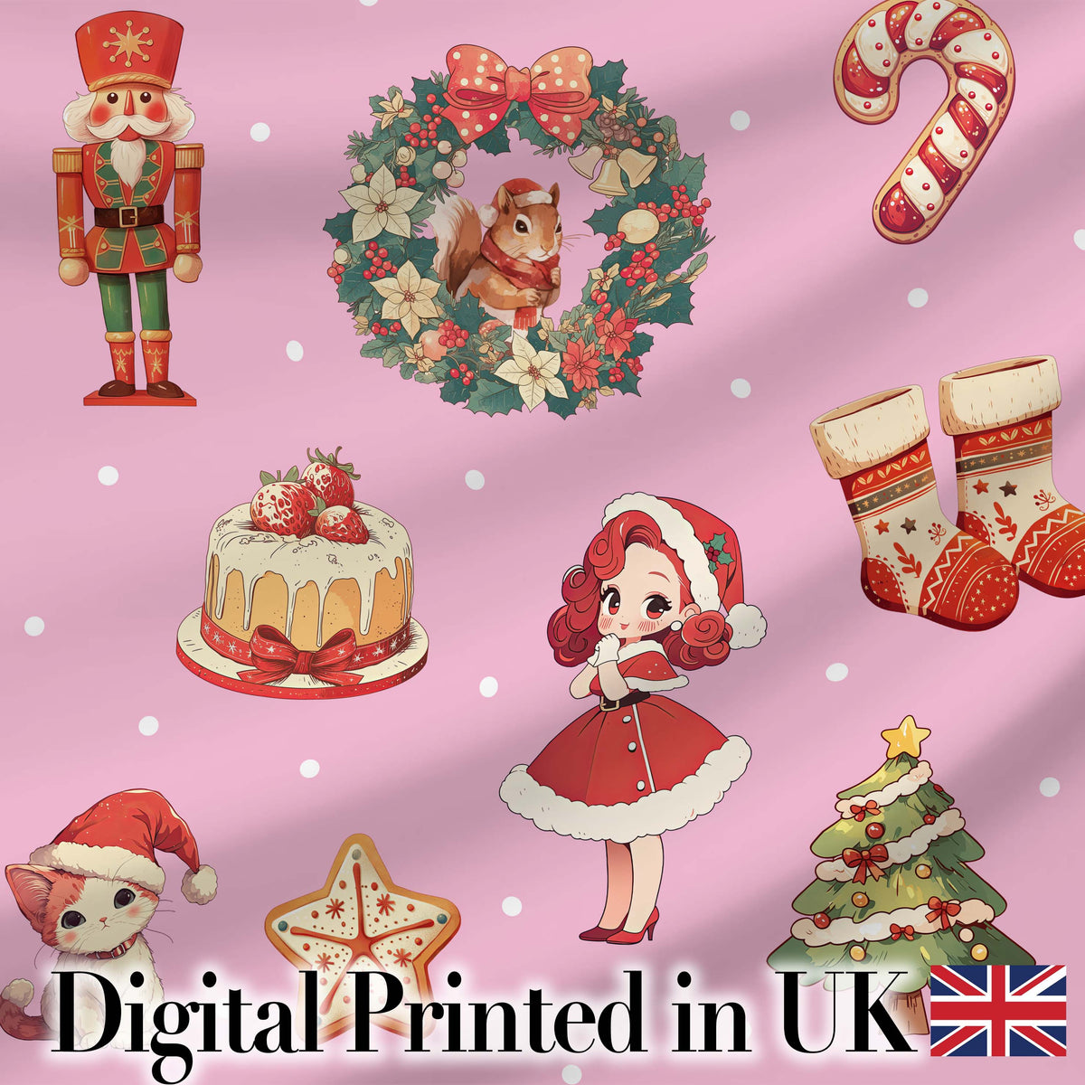 Nutcracker Wreath Cake Girl on Pink Background with Polka Dots Seamless Digital Print Fabric by the Metre UK Sewing Quilting Textile