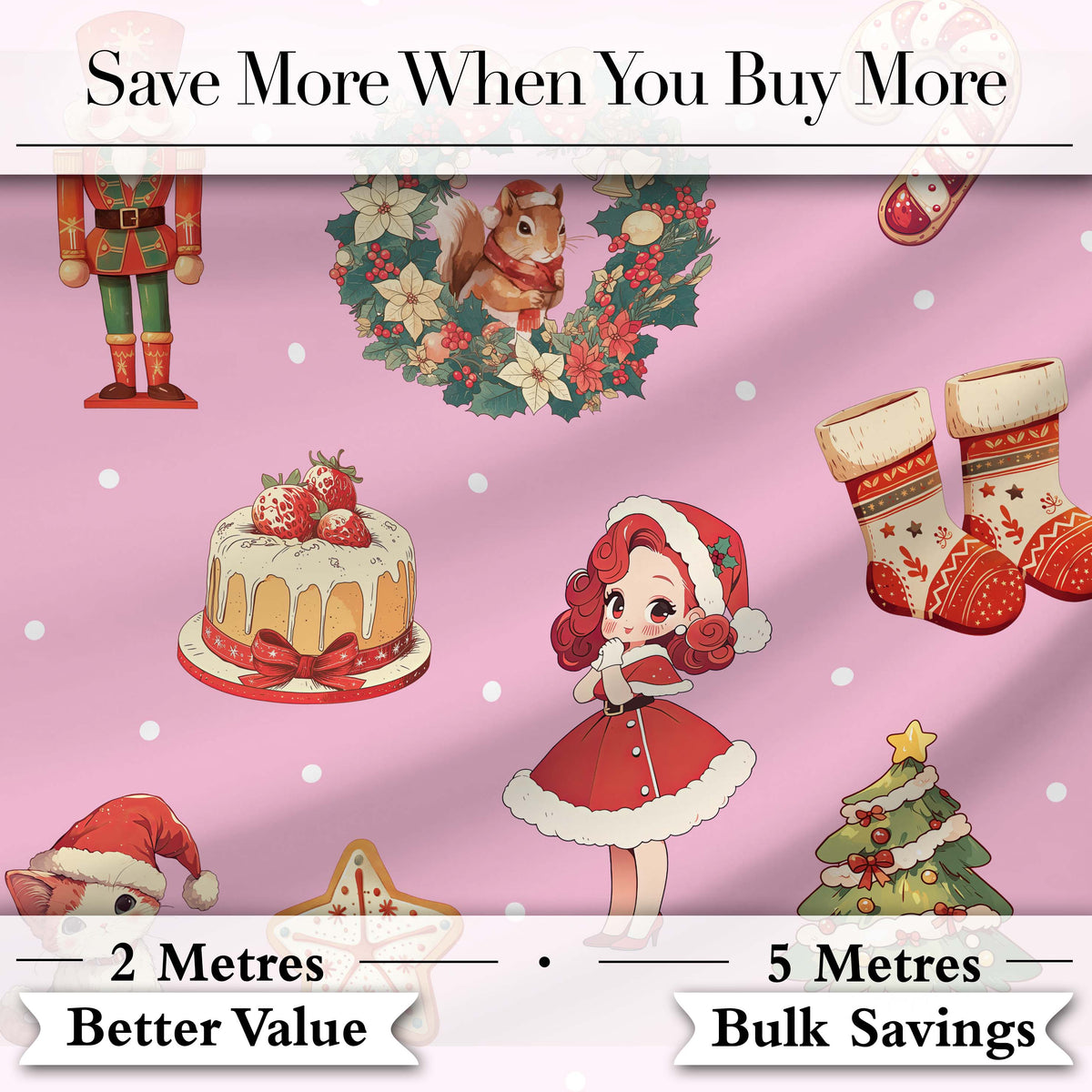 Nutcracker Wreath Cake Girl on Pink Background with Polka Dots Seamless Digital Print Fabric by the Metre UK Sewing Quilting Textile