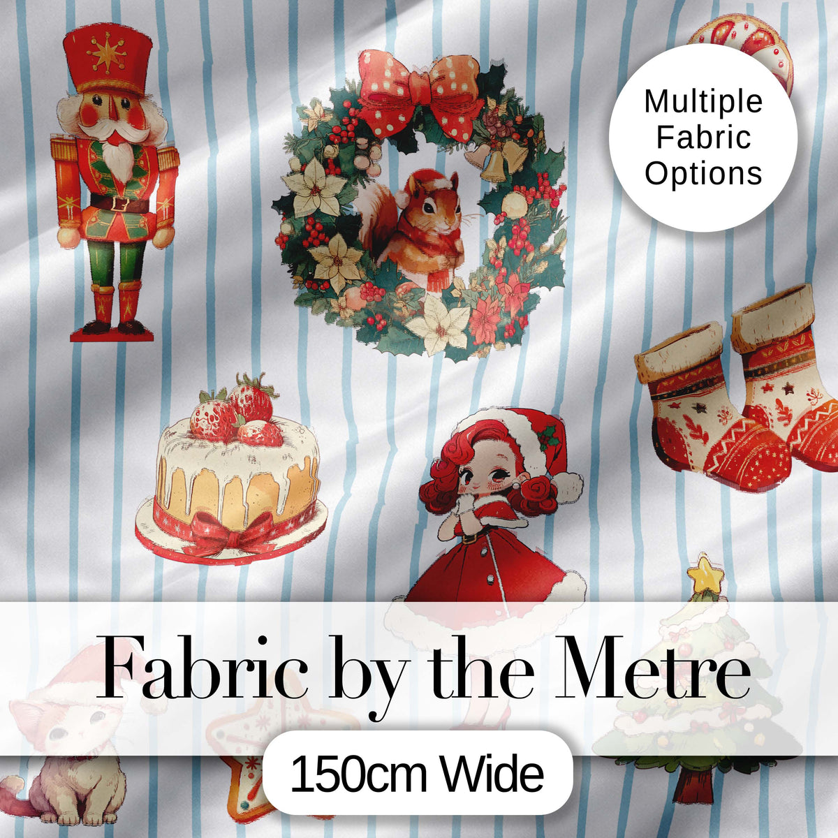 Nutcracker Wreath Cake Girl Christmas Tree on Blue Stripe Background Seamless Digital Print Fabric by the Metre UK Sewing Quilting Textile
