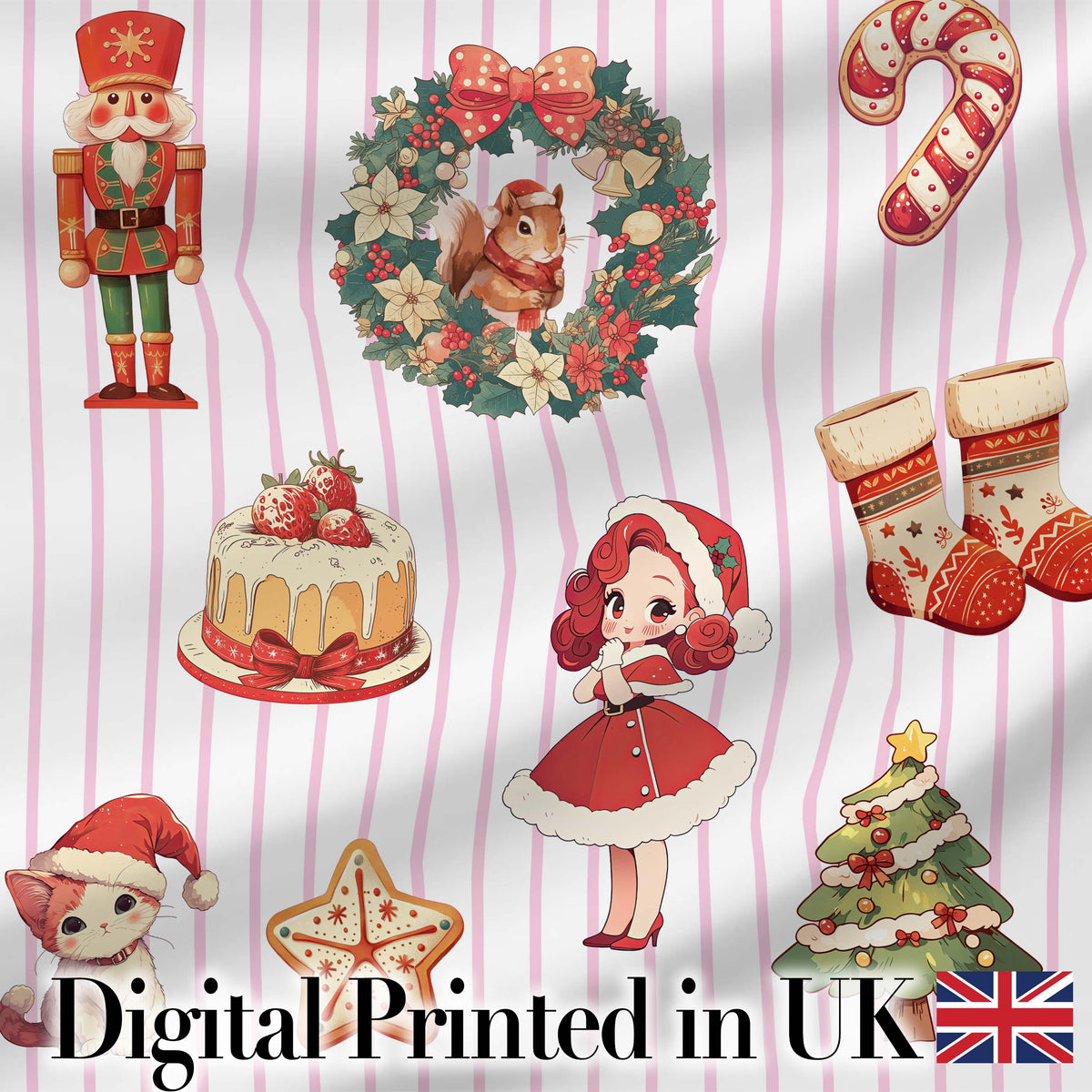 Nutcracker Wreath Cake Girl Christmas Tree on Pink Stripe Background Seamless Digital Print Fabric by the Metre UK Sewing Quilting Textile