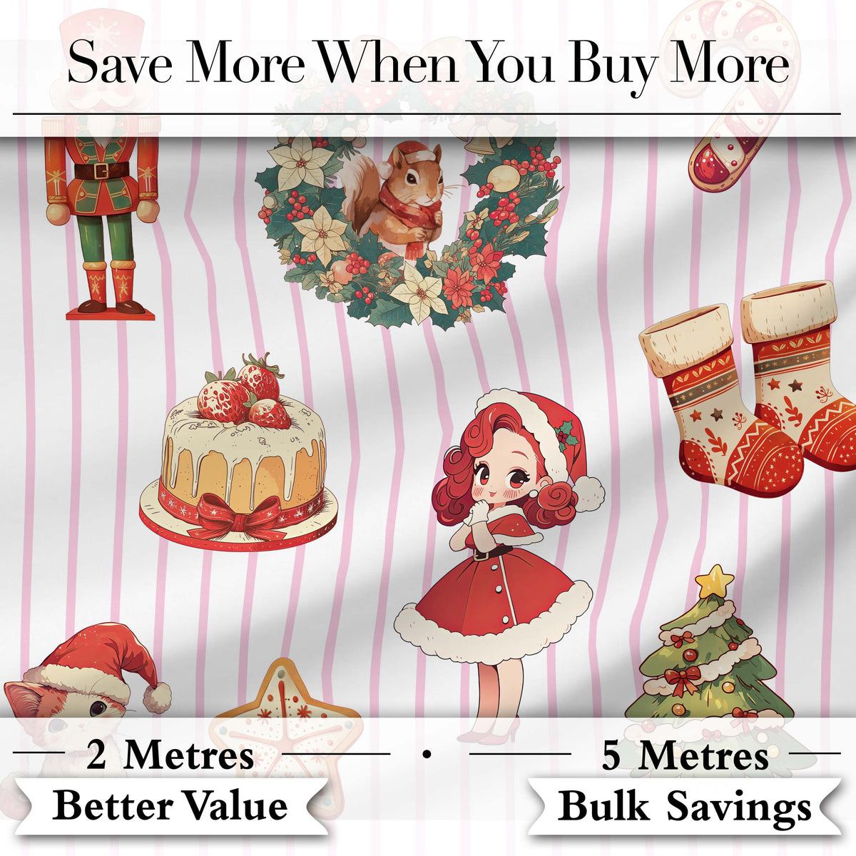 Nutcracker Wreath Cake Girl Christmas Tree on Pink Stripe Background Seamless Digital Print Fabric by the Metre UK Sewing Quilting Textile